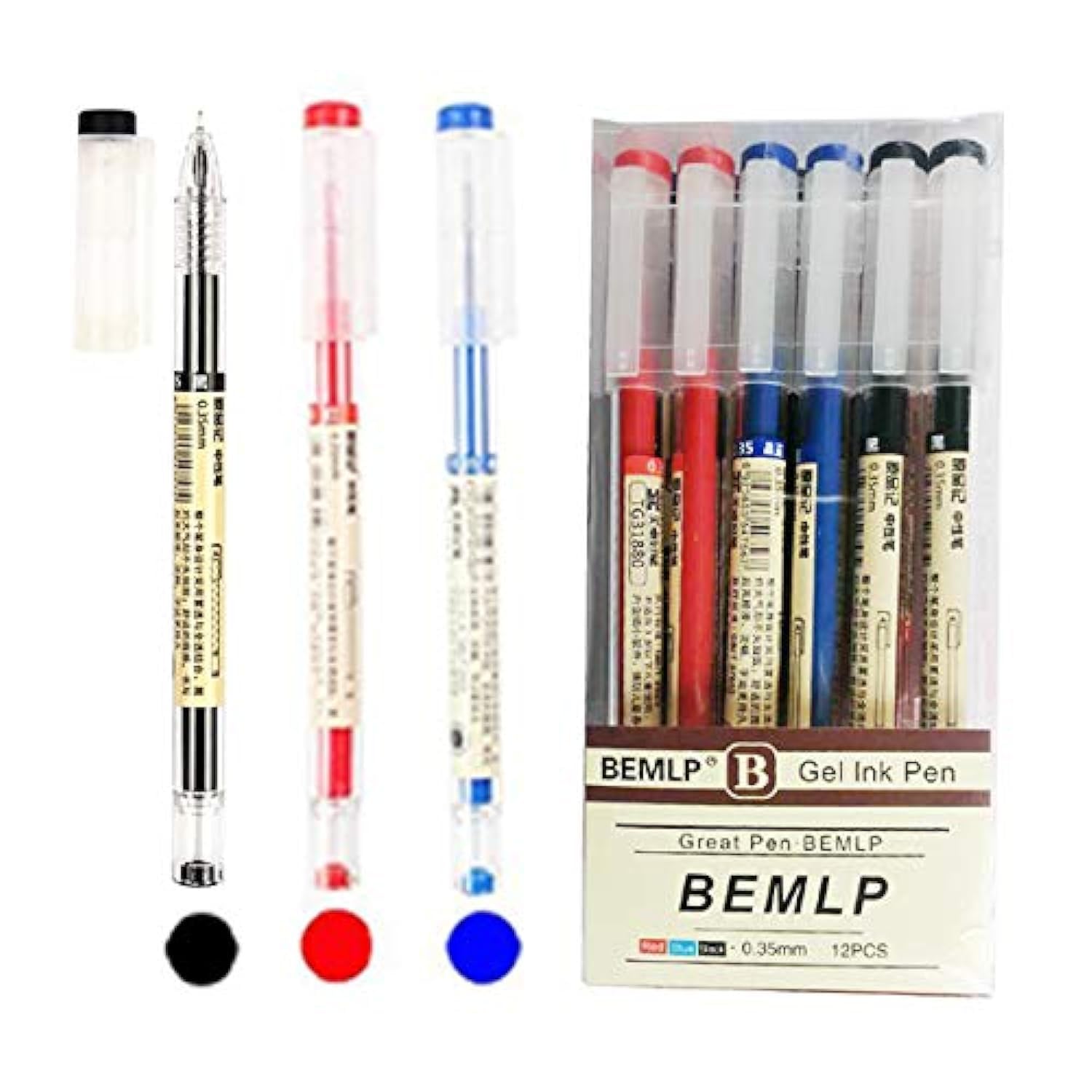 Gel Ink Pen Extra fine point pens Ballpoint pen Liquid Ink Rollerball Pens 0.35mm Premium Quick Drying Pen for Japanese Office School Stationery Supply 12 Packs (4 Black 4 Blue 4 Red)