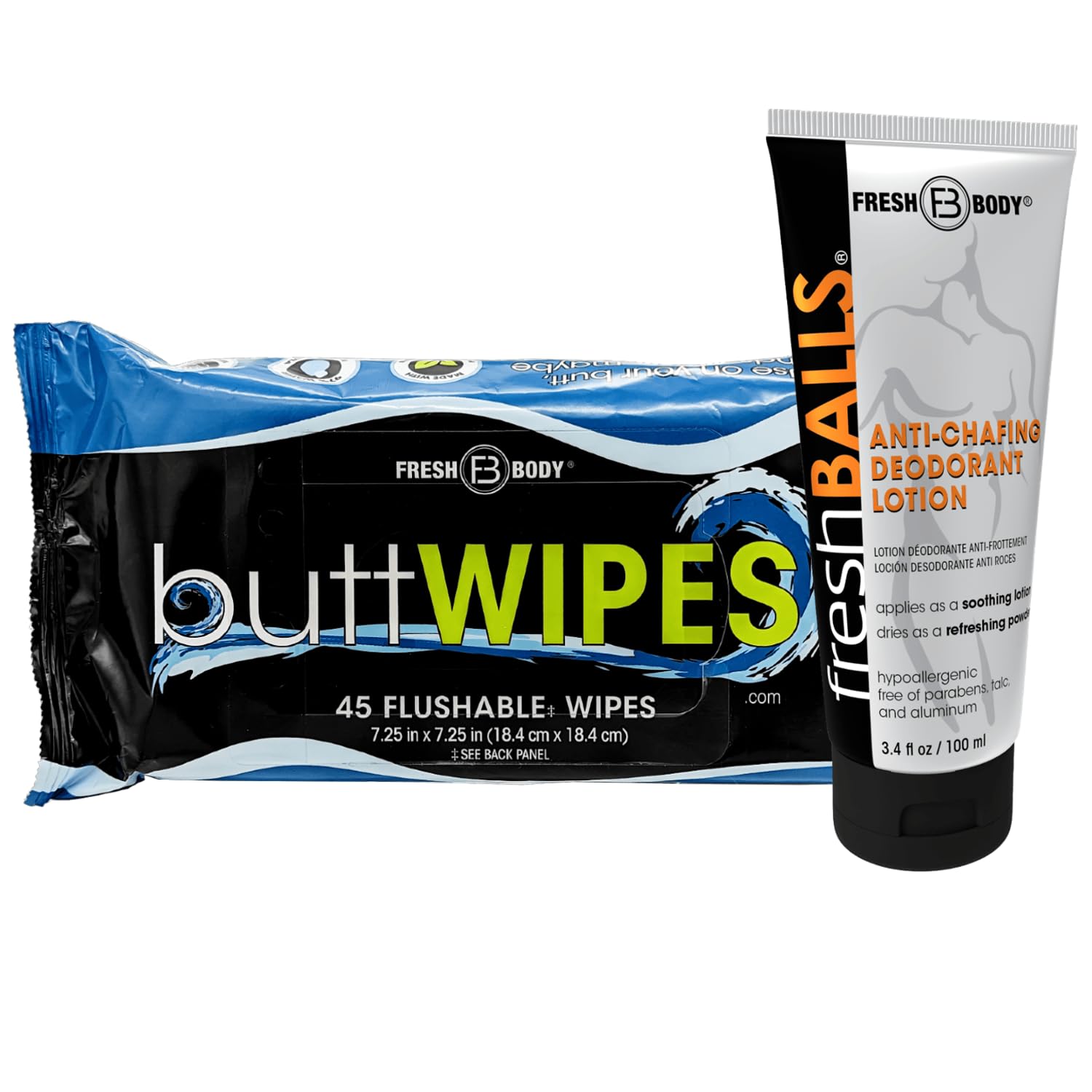 Fresh Balls & Buttwipes Bundle - Powder Ball Deodorant 3.4oz and Flushable Wipes for Adults with Aloe + Vitamin E - 45 Count