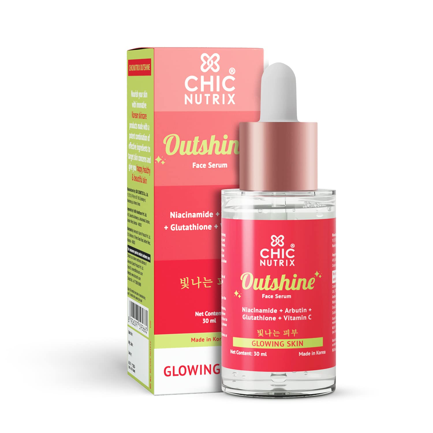 Chicnutrix Outshine – Korean Brightening Face Serum | Made in Korea | 5 Powerful Actives - Niacinamide, Glutathione, Vitamin C | For Pigmentation, Dark Spots & Acne Marks | For All Skin Types