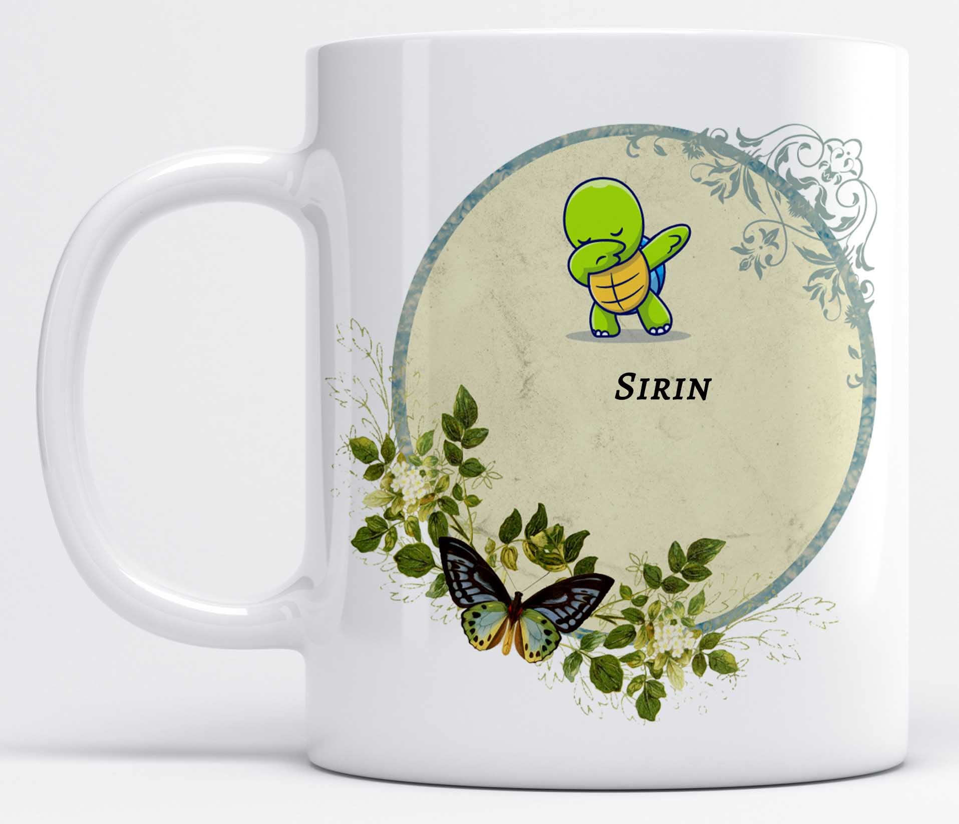 LOROFY Name Sirin Printed Cute Floral Turtle Design White Ceramic Coffee Mug (350ML)