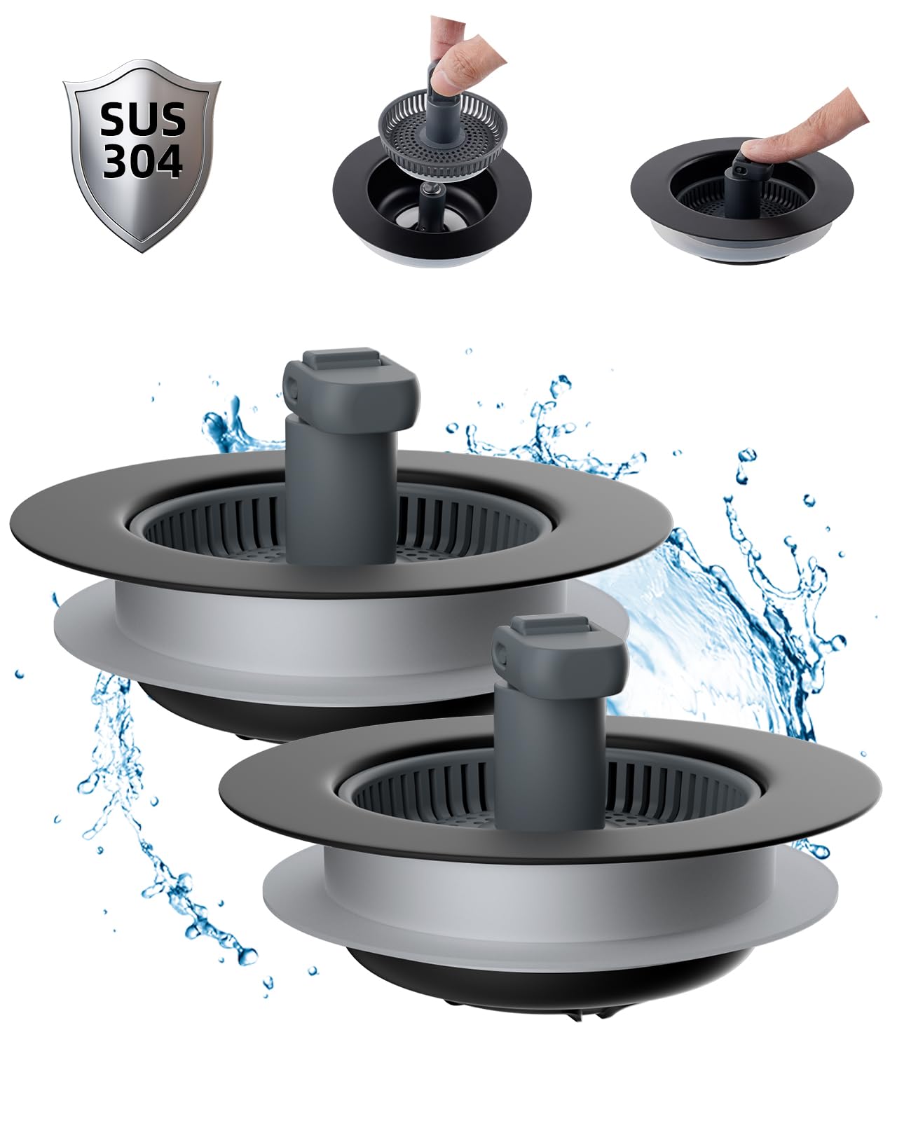 Hibbent 2 Pack Upgraded 3 In 1 Kitchen Sink Drain Strainer and Stopper Combo, Stainless Steel Metal Pop Up Sink Stopper, Anti-Clogging Basket Strainer with Foldable Handle for US Standard 3-1/2" Drain