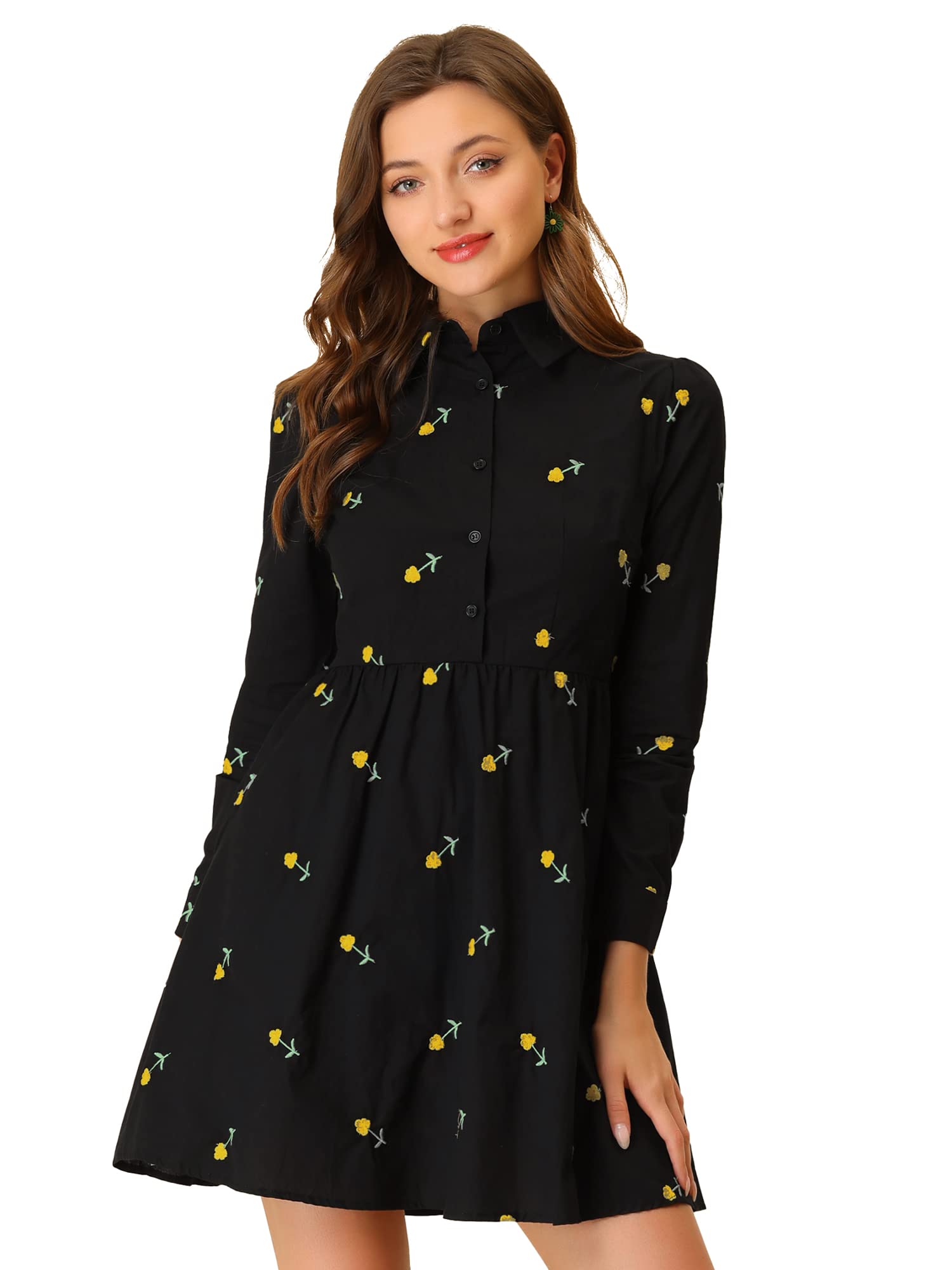 Allegra K Women's Casual Shirt Dress Long Sleeve Half Placket Embroidered Floral Mini Dresses