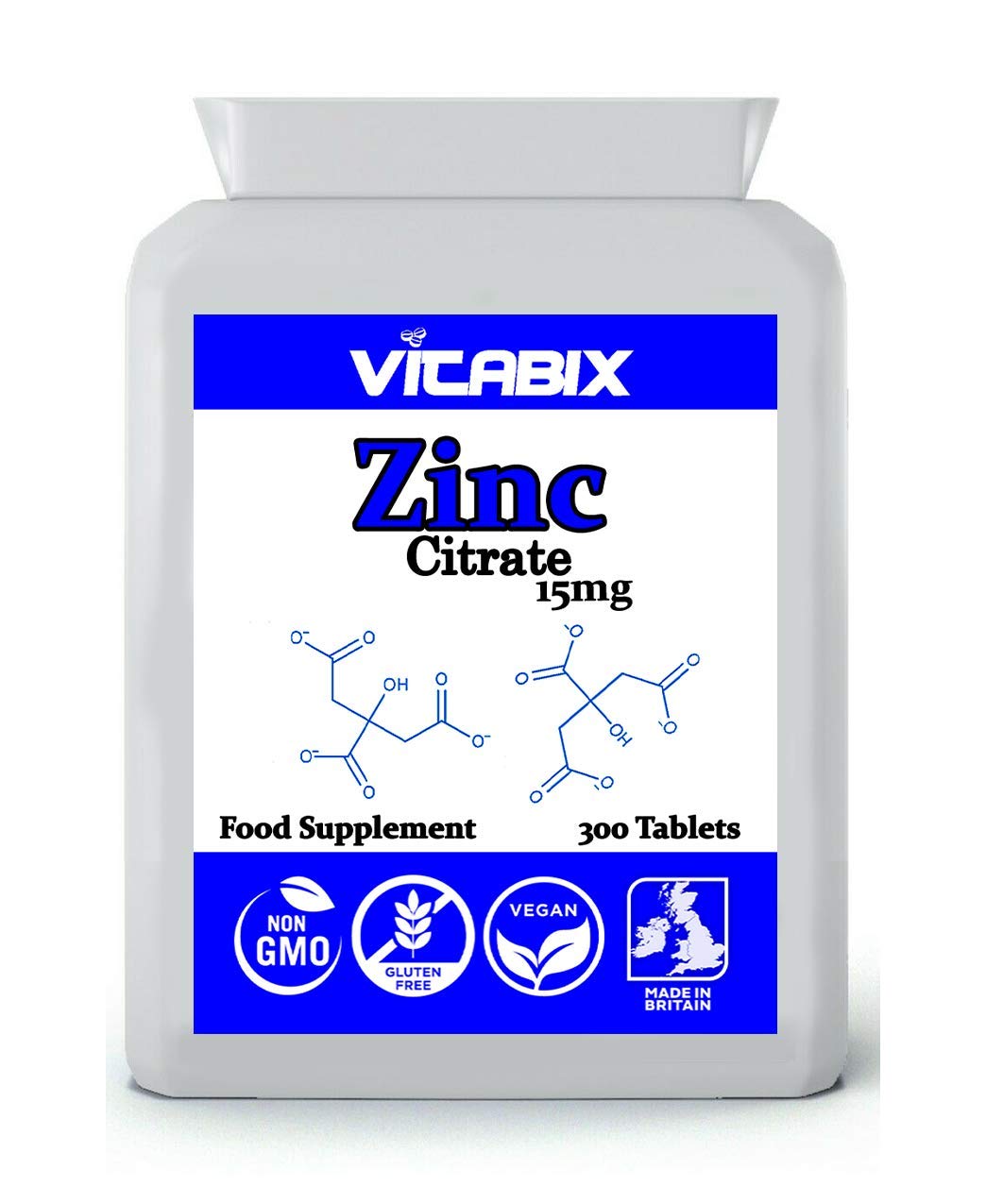 Zinc Citrate 15mg| 180 or 300 Tablets | Vegan | GMO | Gluten Free | UK |Made | Vitabix (180)