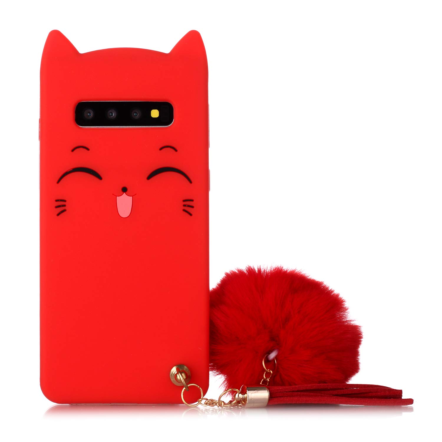 Galaxy S10 Cat Case, Galaxy S10 Silicone Case, Fashion Cute 3D Red Meow Party Cat Kitty Kids Girls Lady Protective Cases with Pompom/Strap Soft Case Skin for Samsung Galaxy S10