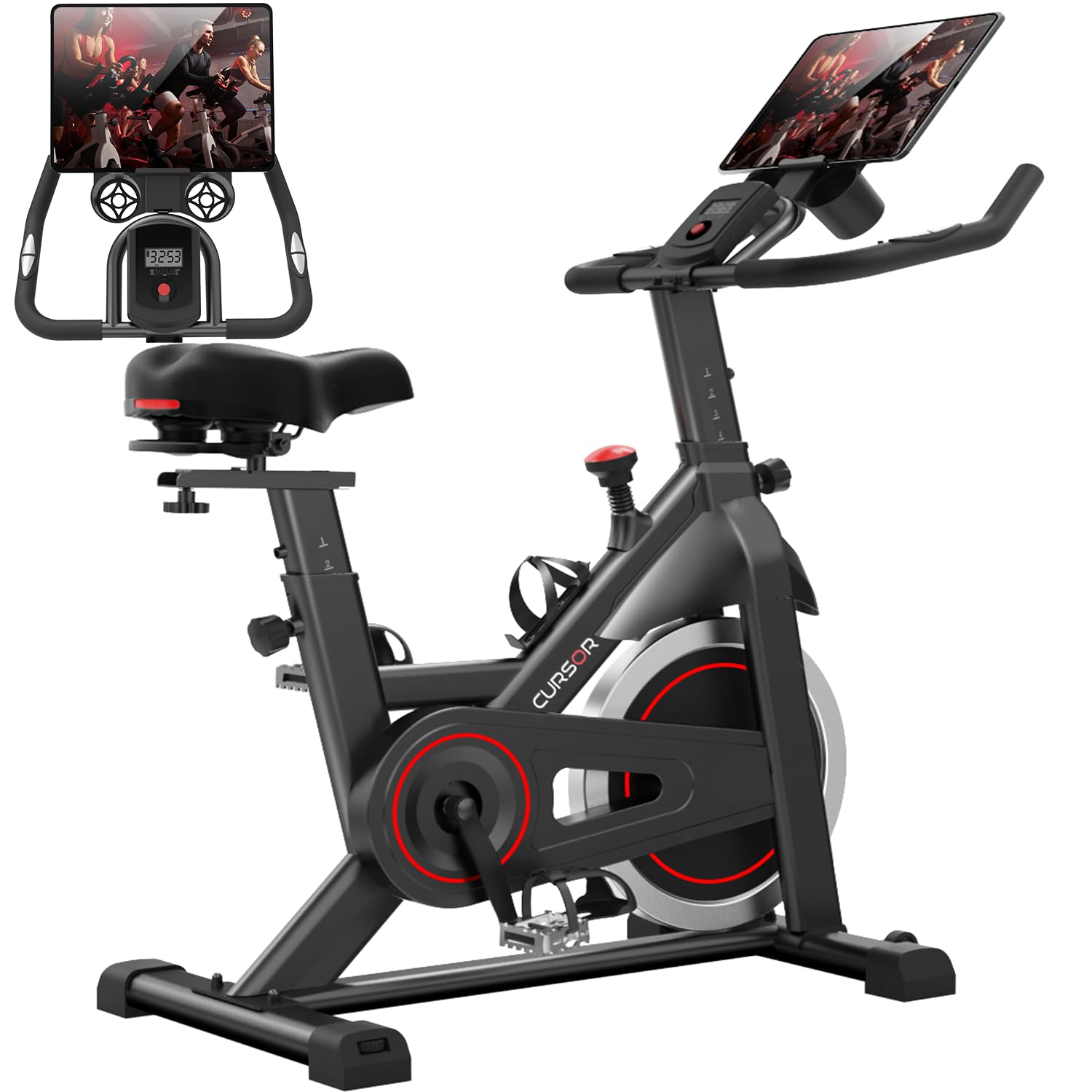 CURSOR FITNESS Indoor Cycling Bike, Stationary Bike for Home Workout, Magnetic Spin Exercise Bike, Extra Comfort Cushion Ventilated Seat, Extra Large Tablet & Bottle Holder