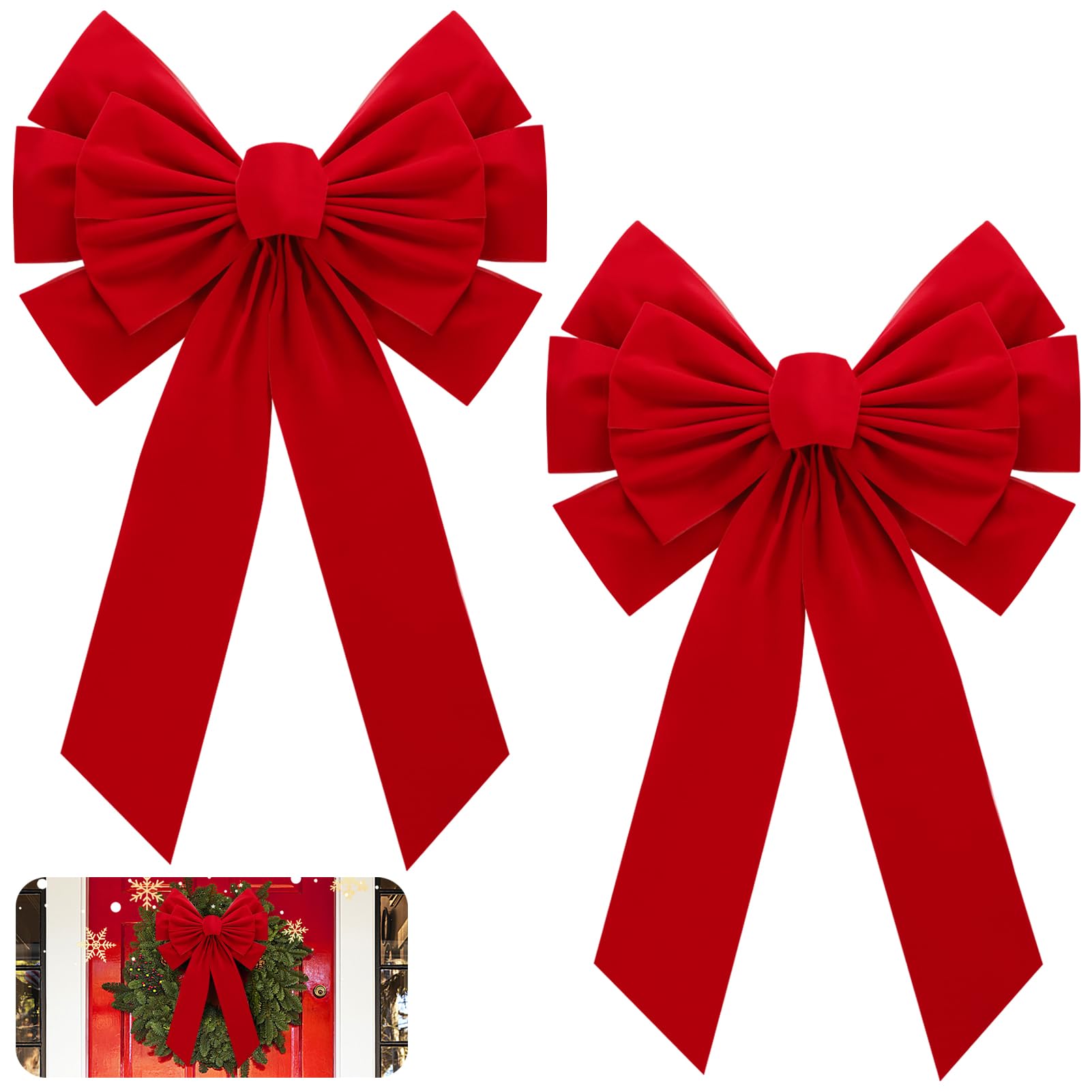 MEWTOGO 2 Pcs Large Christmas Red Wreath Bows - 23.6×15.7 in Velvet Red Bows with Golden Tie, Easy Hanging for Window Stairs Outdoor Porch Christmas Decoration Gifts Indoor Party Supplies