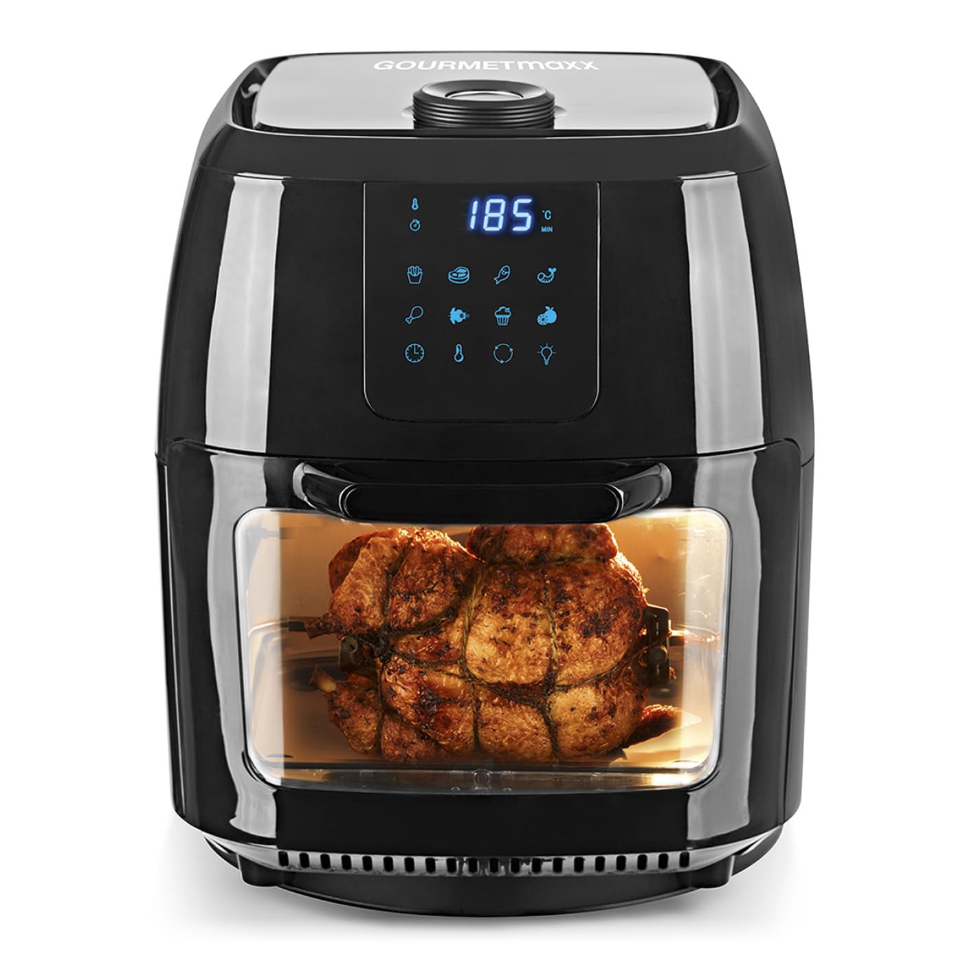 GOURMETmaxx Digital XXL Hot Air Fryer, 9 Liters | Frying without Fat, Fryer, Oven and Rotary Grill in One | Includes Rotisserie for Chicken and Kebab Skewers | GERMAN Quality | [1,800 Watts/Black]