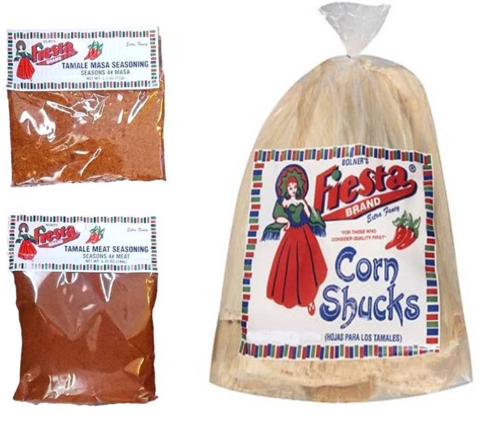 Bolner's Fiesta Extra Fancy Tamale Seasoning Kit With Corn Shucks Bundle - Seasons 4# Meat And Masa: (1) Tamale Masa Seasoning, (1) Tamale Meat Seasoning, (1) Leaf By Leaf Corn Shucks, 2.5-6 Oz Ea