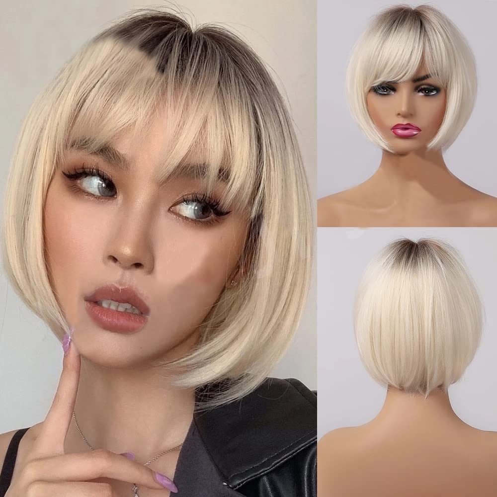 Digao Short Bob Wig with Bangs, Straight Bob Wig for Women, Natural Looking Heat Resistant Wigs for ladys Daily Cosplay Party New Hairstyle BOB wig for Girls (Tone blond)