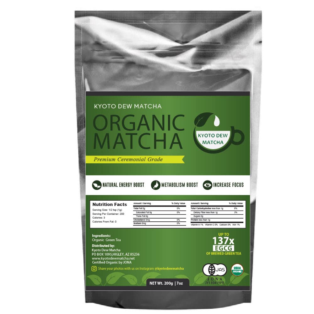 Kyoto Dew Matcha – Organic Premium Ceremonial Grade Japanese Matcha Green Tea Powder – No Fillers, Zero Sugar – USDA & JAS Certified, 200g (7oz) Bag