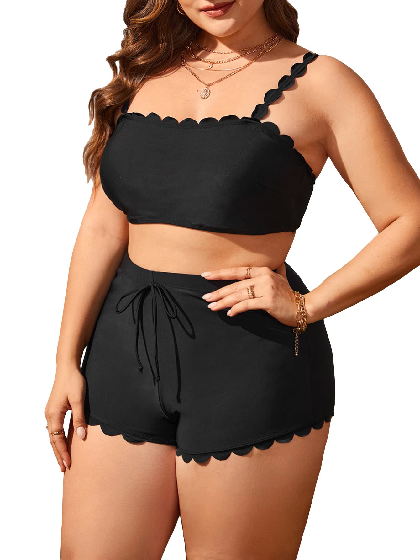 SOLY HUX Plus Size Bikini Sets for Women High Waisted Two Piece Swimsuit Scalloped Trim Tie Front Bathing Suits