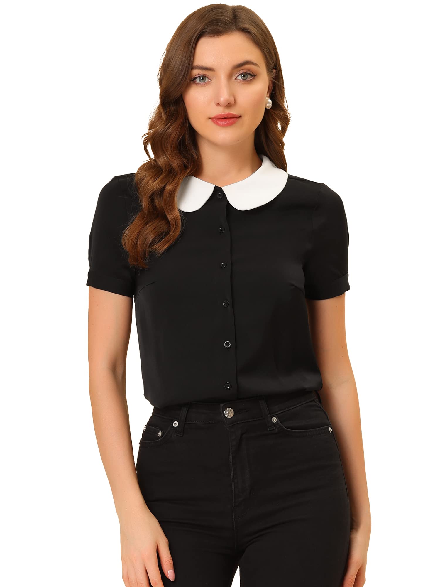 Allegra KPeter Pan Collar Blouse for Women's Contrast Collar Short Sleeve Work Office Button Down Chiffon Top