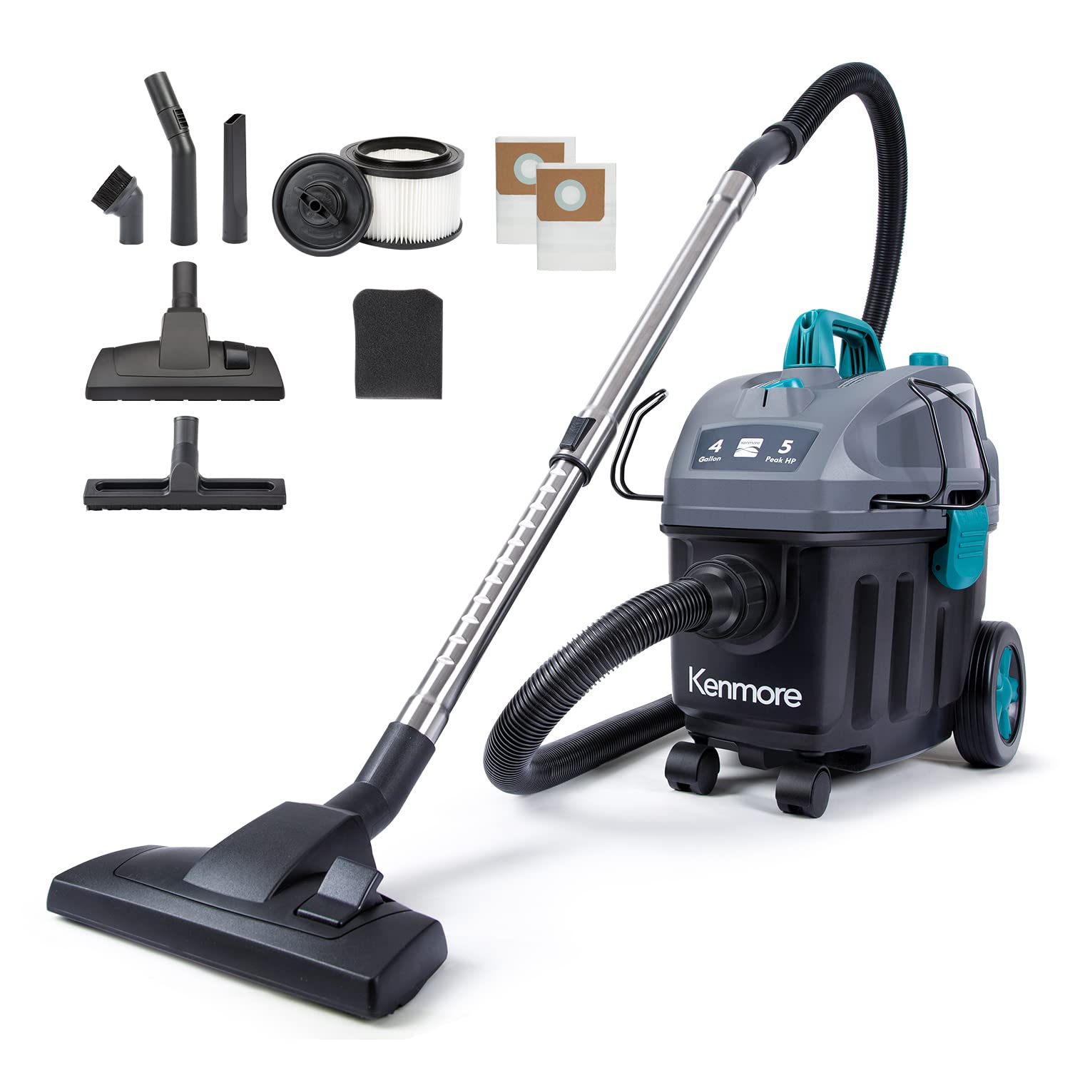 KenmoreKW3050 Wet Dry Canister Vac 4 Gallon 5 Peak HP 2-Stage Motor Shop Vacuum Cleaner with Washable HEPA Filter & Dust Bags for Hard Floor & Carpet, 4 Gallons, Black