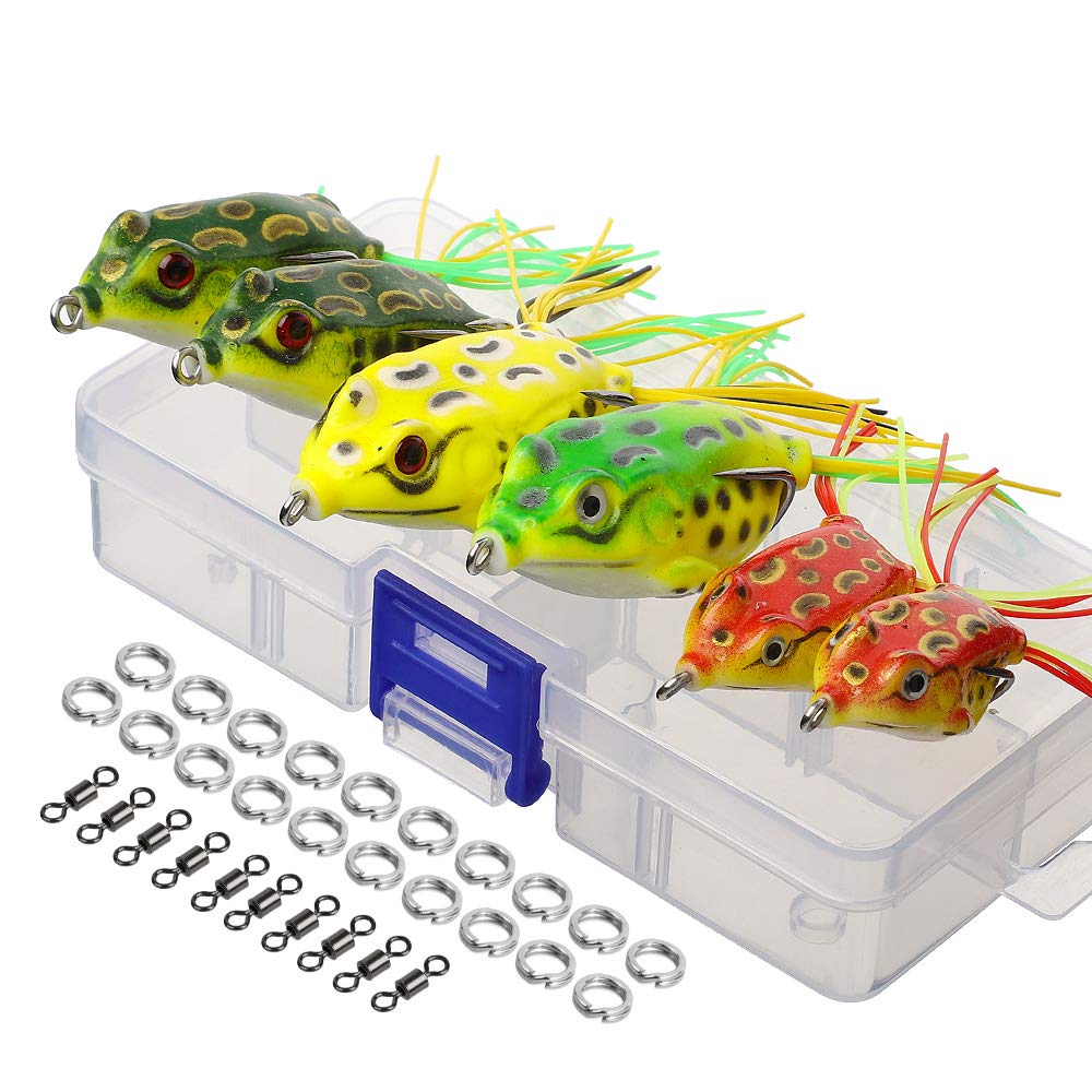 DONQL Topwater Frog Lures, Artificial Frog Fishing Lure Kit with Tackle Box for Bass Dogfish Musky Snakehead Pike Trout (Multicolors) (6 Frog Lures with Twin Skirts)