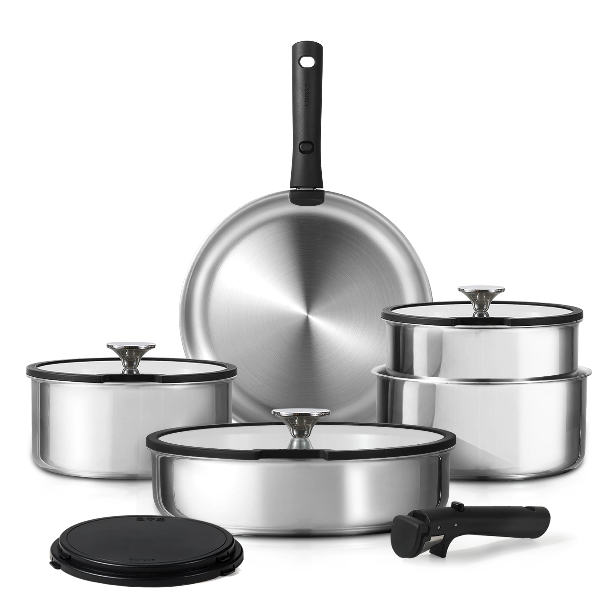 CAROTE 12pcs Pots and Pans Set, Glossy Stainless Steel Cookware Set, Induction Kitchen Cookware Sets with Removable Handle, RV Cookware Set, Oven Safe, Camping Cookware, Black