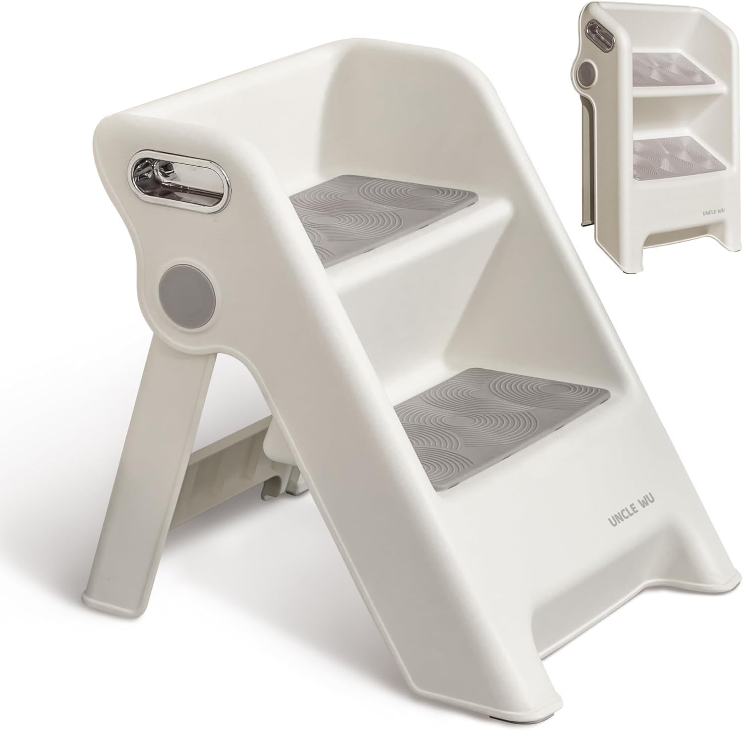 KEYOZA Small Folding Stool for Sitting - Plastic Foldable & Portable Step Stool for Kids - White-Grey, 39x37x53 cm