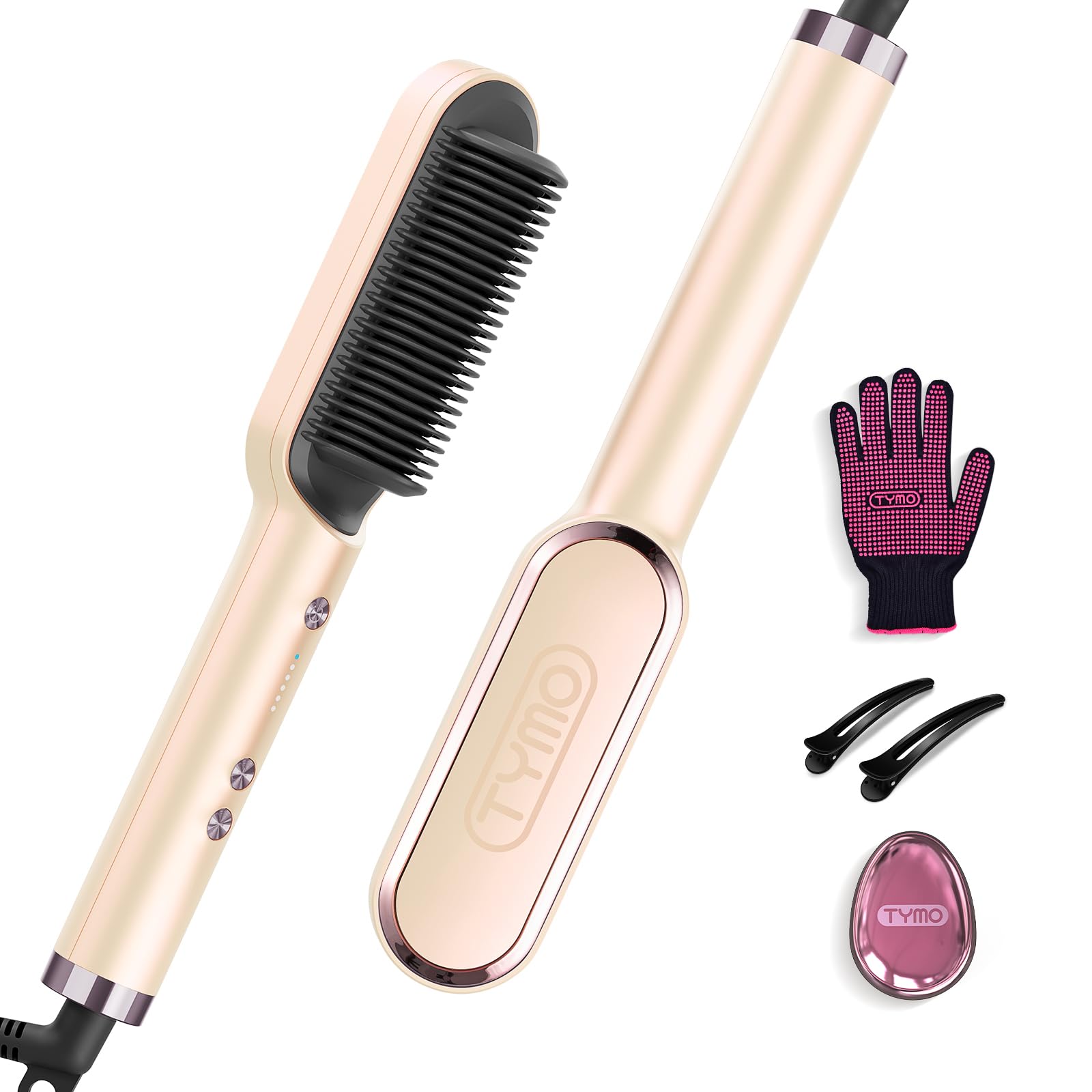 TYMO Ring Hair Straightener Brush – Hair Straightening Iron with Built-in Comb, 20s Fast Heating & 5 Temp Settings & Anti-Scald, Perfect for Professional Salon at Home, Peach