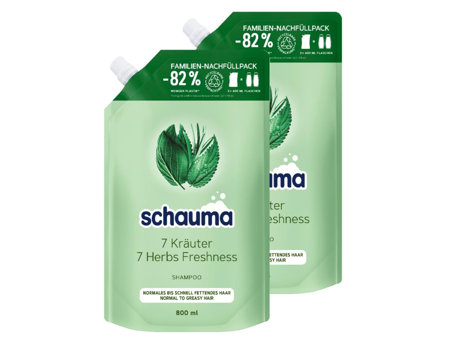 SchaumaShampoo 7 Herbal Refill Pack (800 ml), Hair Shampoo Gives the Hair Structure a Light Freshness, Fresh Shampoo for Normal to Quickly Greasy Hair, 2 x 800 ml