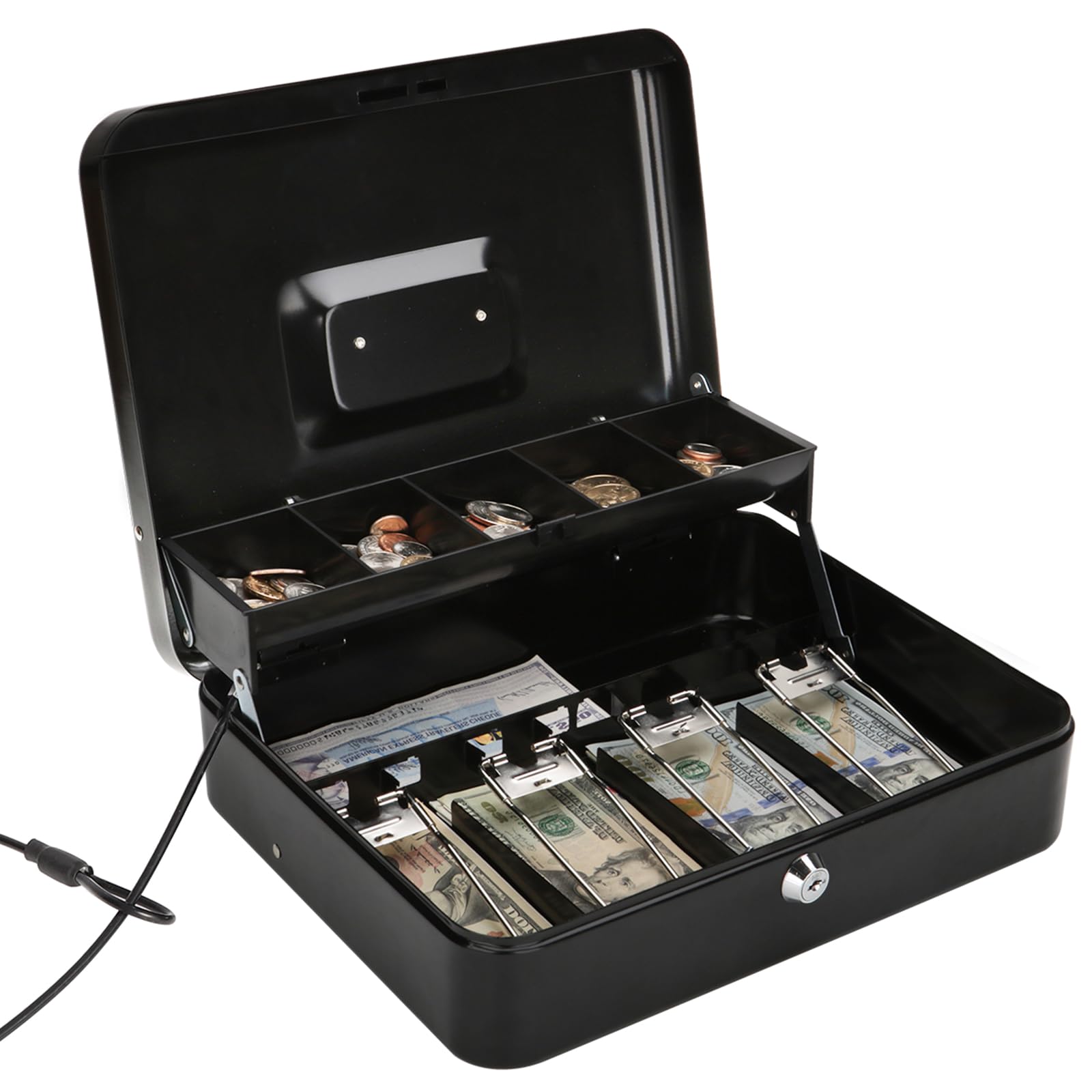 Jssmst Large Locking Cash Box with Money Tray, Lock Box with Security Cable Metal Money Box with Key Lock, Black, CB02304XL