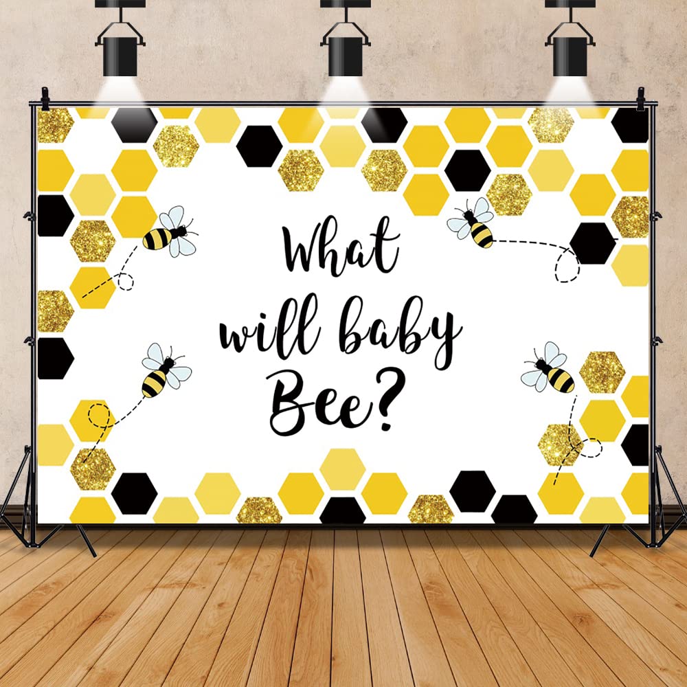 5x3ft Gender Reveal Party Backdrop Banner Decorations What Will Baby Bee Yellow Bees Honeycomb Glitter Photography Background Boy Girl Gender Kids Neutral Party Baby Shower Cake Table Props