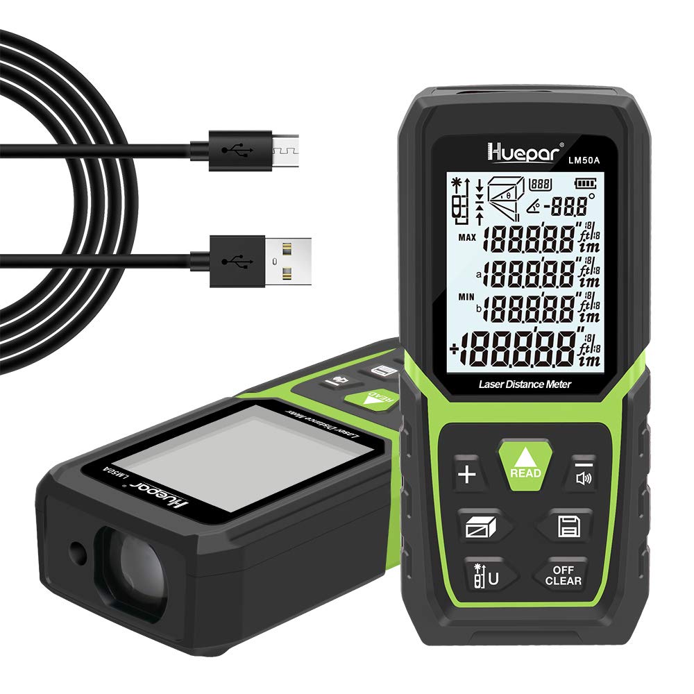 HueparLaser Distance Measure with Li-ion Battery & Electric Angle Sensor, Backlit LCD Laser Measure M/In/Ft with Multi-Measurement Modes, Pythagorean, Distance, Area&Volume