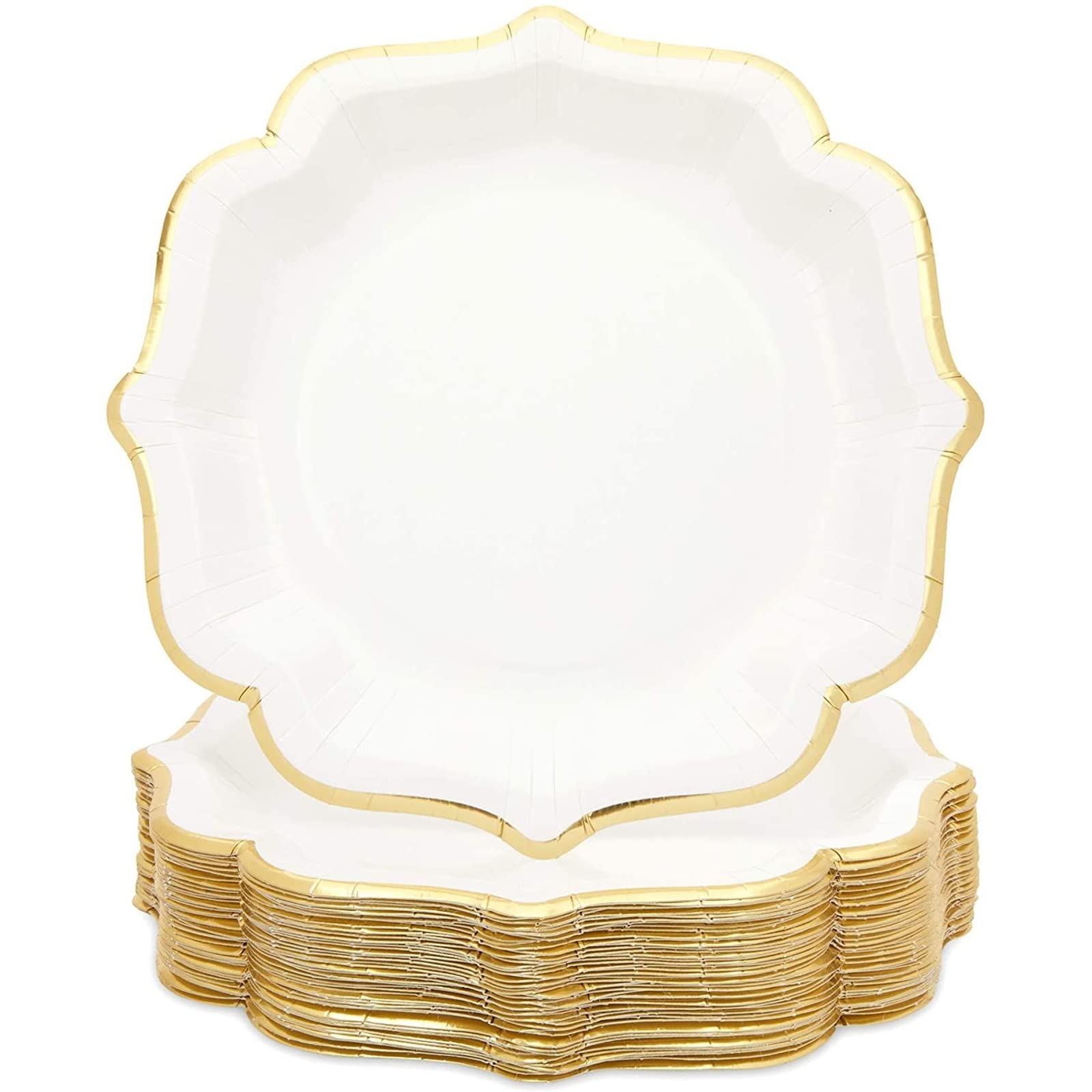 Sparkle and Bash 48-Pack White Paper Party Plates with Gold Foil Scalloped Edging (9 Inches)