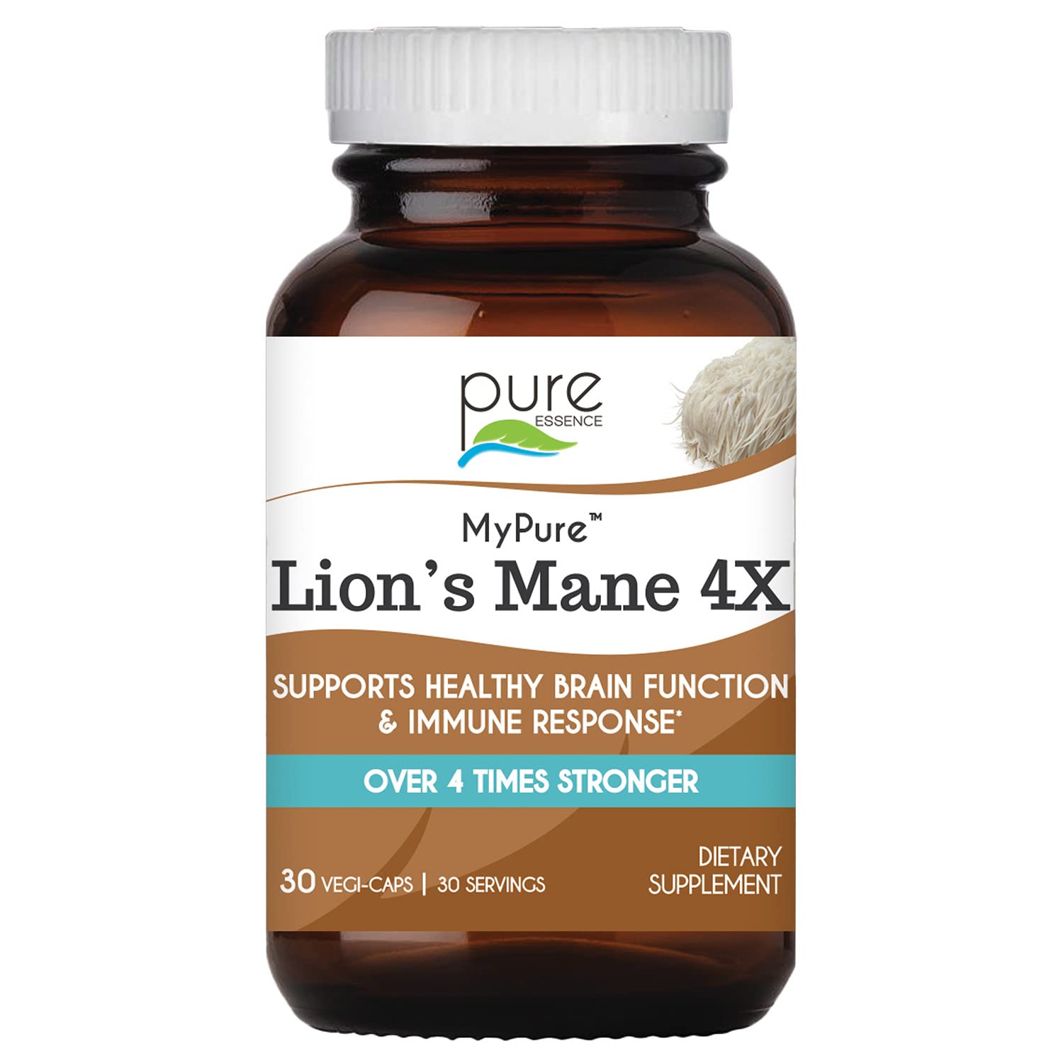 PURE ESSENCE LABS MyPure Lions Mane 4X Mushroom Supplement, 100% Real Mushroom Extract - Immune Support for Men and Women, 30 Capsules