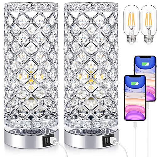 Crystal Touch Control Table Lamp Set of 2, 3-Way Dimmable Bedside Nightstand Desk Lamps with Dual USB Charging Ports, Small Decorative Lampshade Night Light for Bedroom Living Room, LED Bulb Included