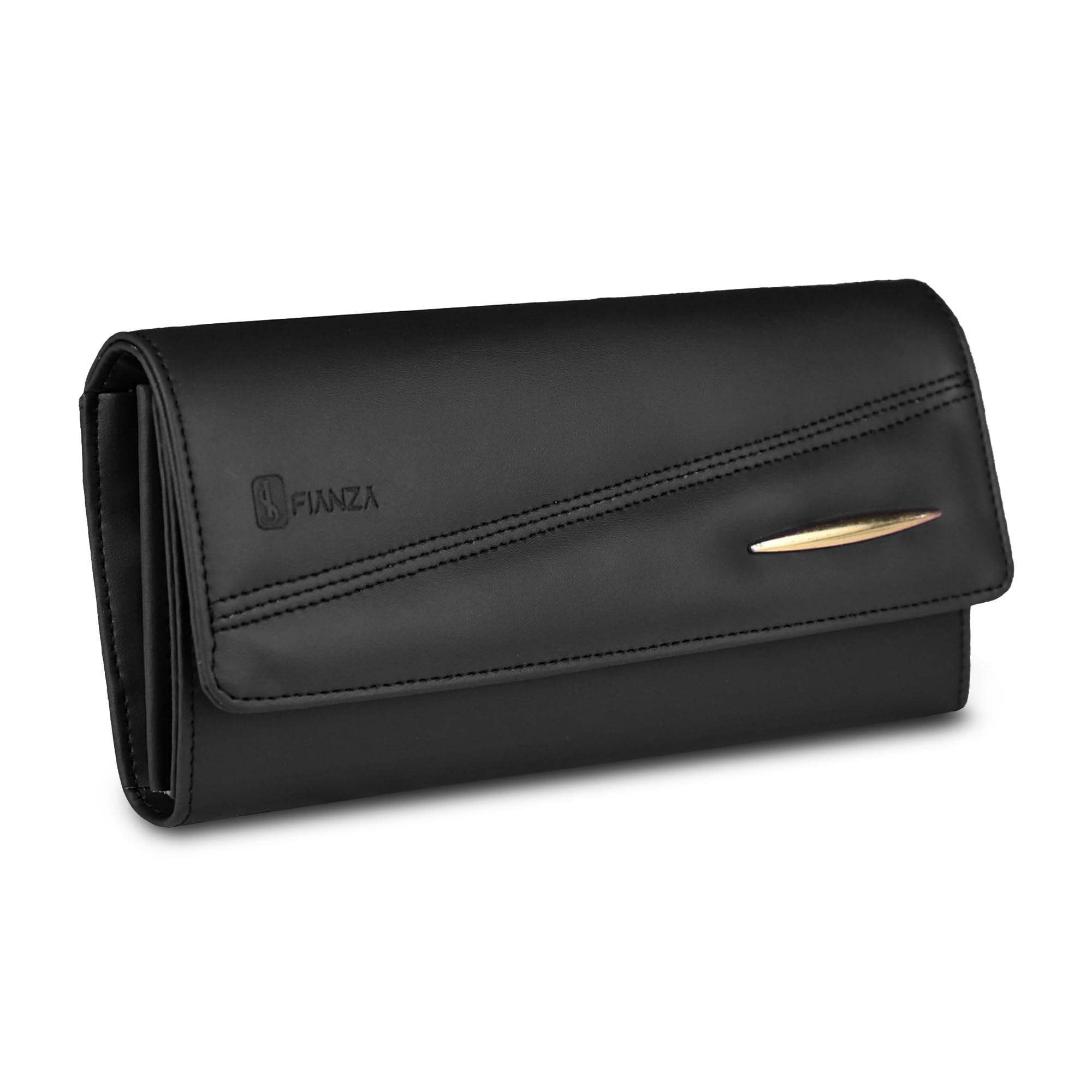 FIANZA Women's Black Wallet Hand Purse Clutch| 4 Card Slots| Phone Pocket| Faux Leather_sab-001blk