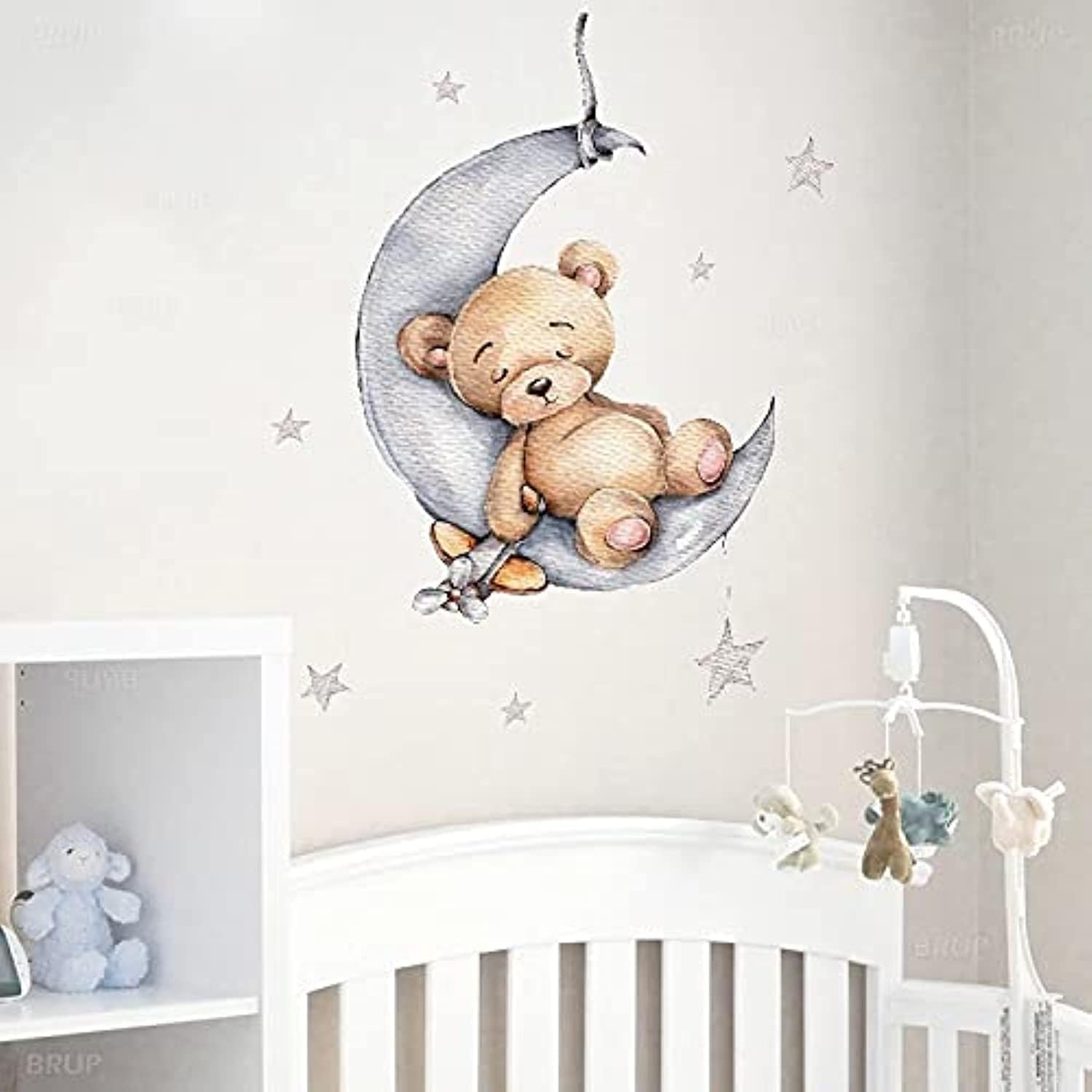 S&P Market Teddy Bear Sleeping on The Moon and Stars Wall Stickers for Kids Baby Room Interior Decoration Wall Decals (Teddy Bear)