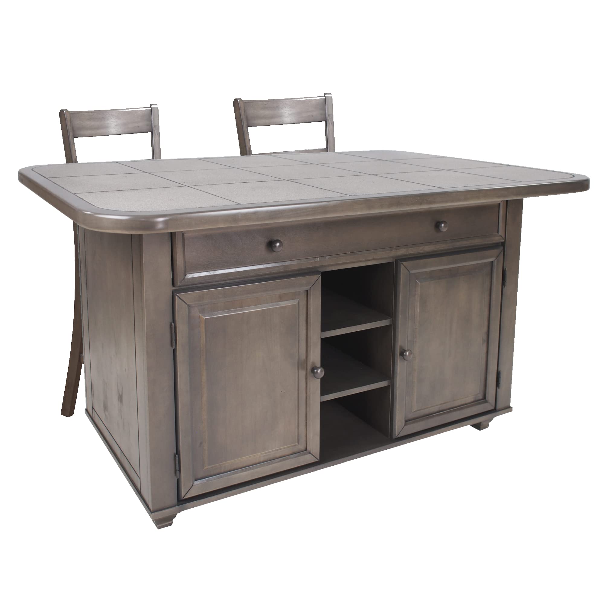 Sunset Trading Shades of Gray 3 Piece Kitchen Island Set with 2 Barstools | 3 Position Grey Tile Top | Storage Cabinets, Open Shelves, Drawers