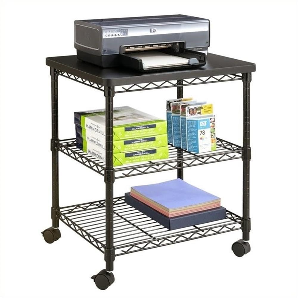 SafcoDesk Side Wire Machine Stand with Wheels, 3 Tier, 200 lbs Capacity, Black Steel Frame & Multifunctional Utility Shelves. Perfect for Home, Office, Classroom & Garage