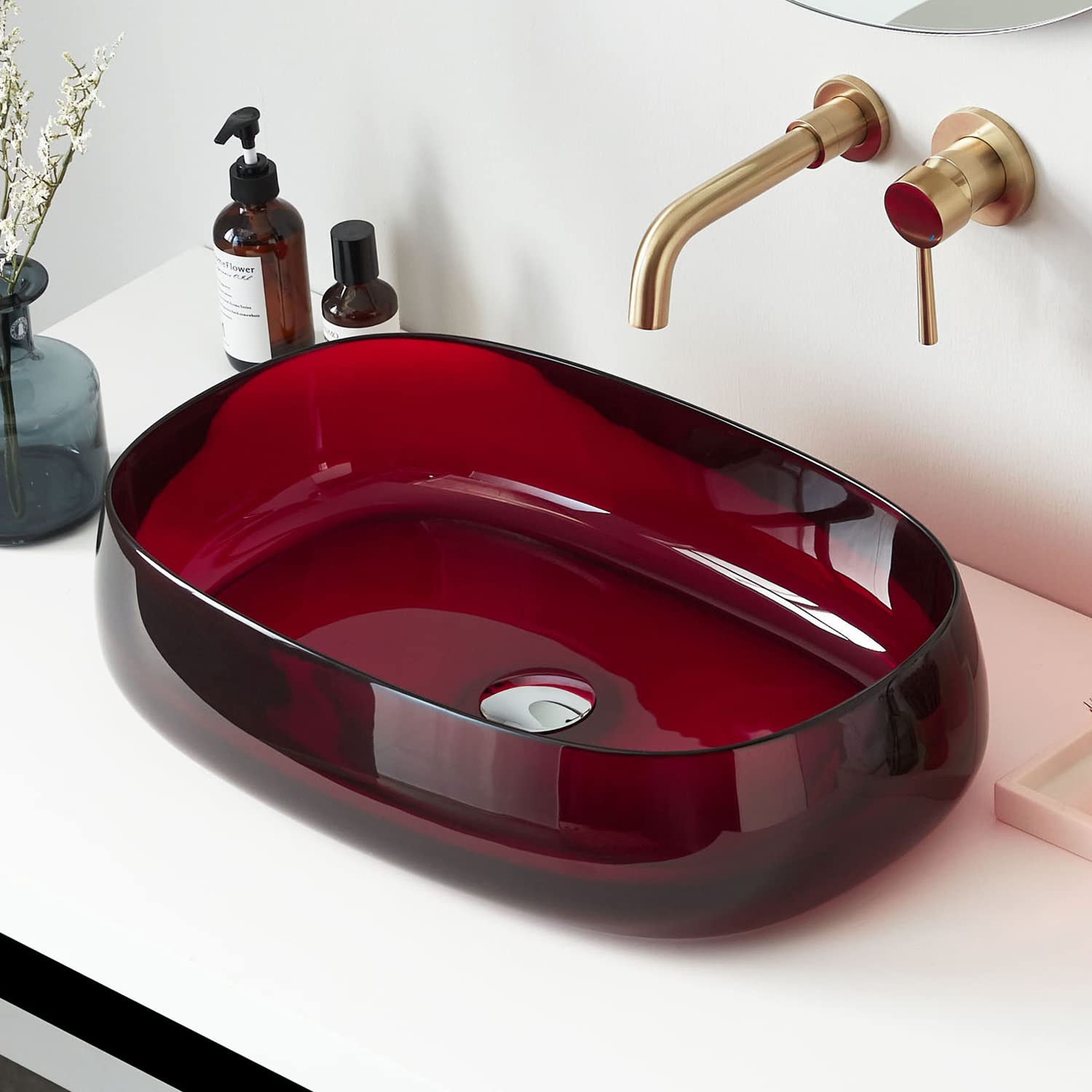 Cpingao Bathroom Oval Artistic Resin Vessel Vanity Sink Bowl Basin, 23" x 15" Translucent Above Counter Cabinet Sink, Pop-up Drain Included, Scarlet 2266