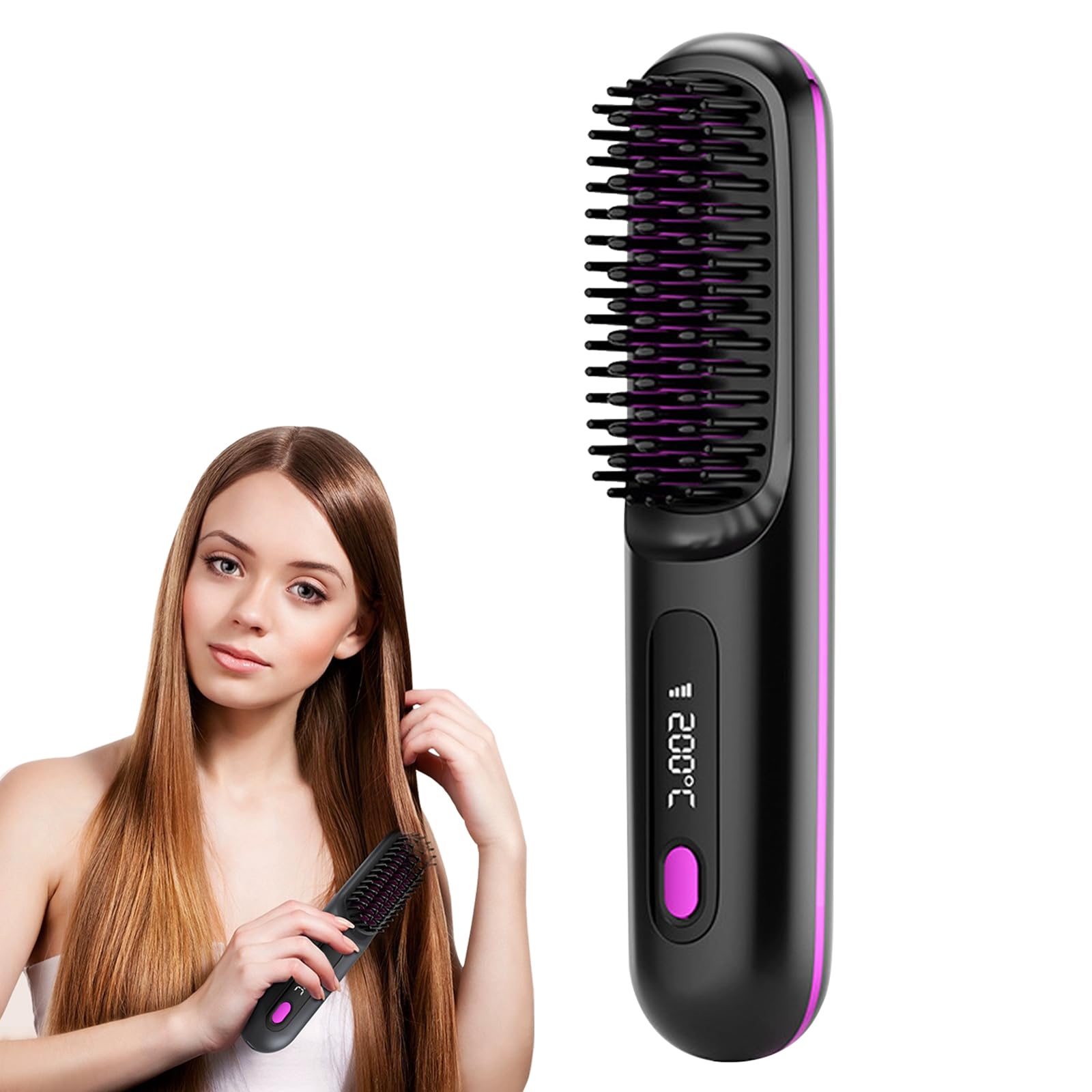 Asheyya Cordless Hair Straightener Brush. USB Rechargeable Portable Straighteners for Women. 2 in 1 Negative Ion Hair Straightener Comb with 12 Temperature Control