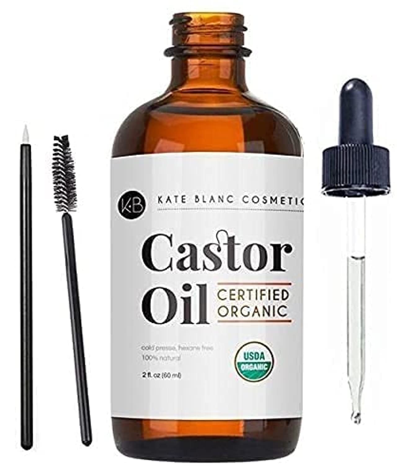 Castor Oil (2oz) USDA Certified Organic, 100% Pure, Cold Pressed, Hexane Free by Kate Blanc. Stimulate Growth for Eyelashes, Eyebrows, Hair. Lash Growth Serum. Brow Treatment. FREE Mascara Starter Kit