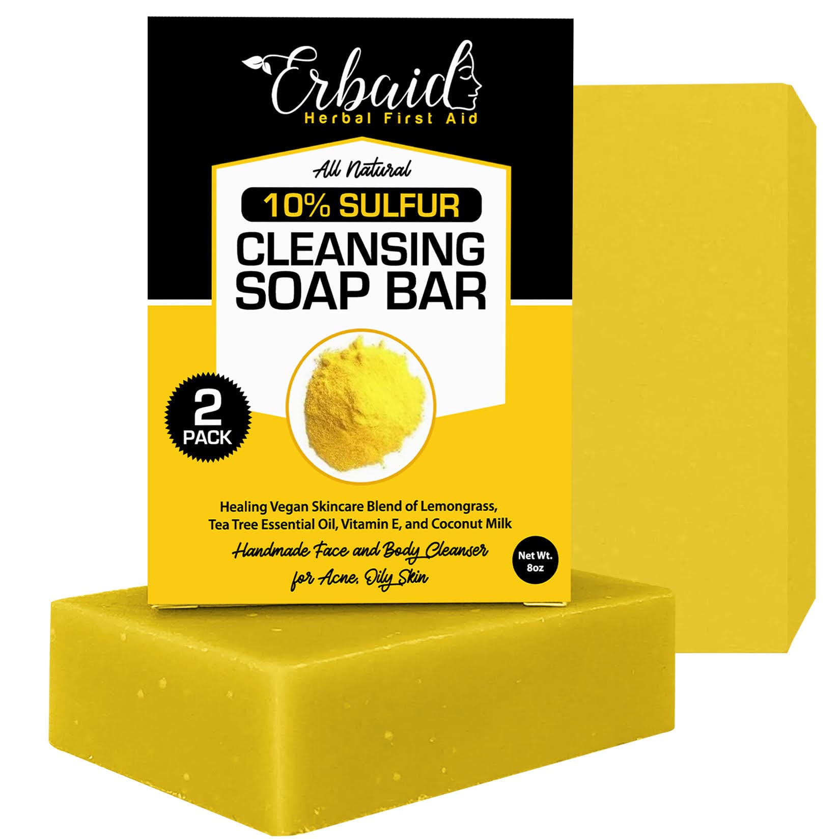 10% Sulfur Soap Cleansing Bar for Face & Body – All Natural Facial Cleanser for Acne, Oily Skin – Healing Skincare Blend of Lemongrass, Tea Tree Essential Oil, Vitamin E, Coconut Milk – Made in USA