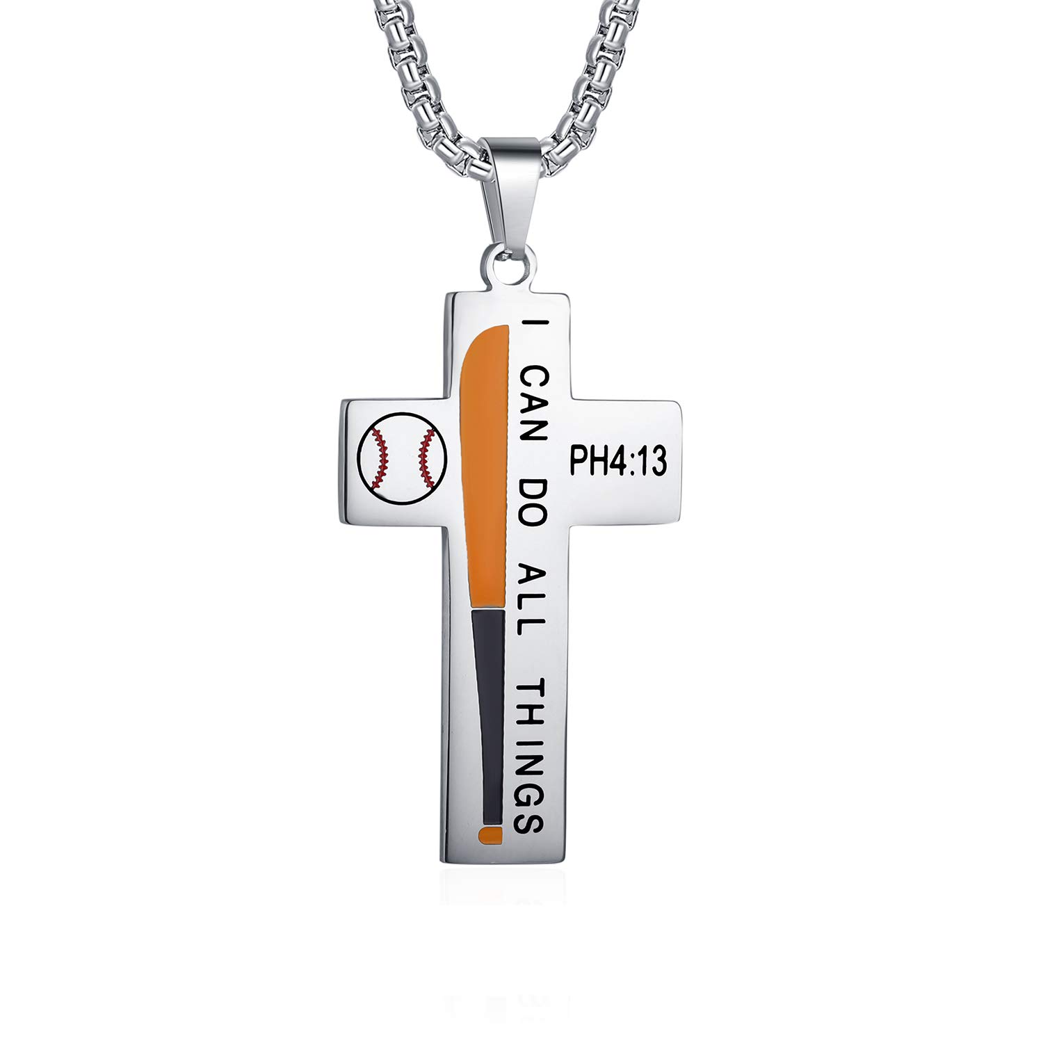 YOYO&YOKI Baseball Cross Pendant for Men Bible Verse I CAN DO All Things Stainless Steel Strength Sport Necklace for Boys