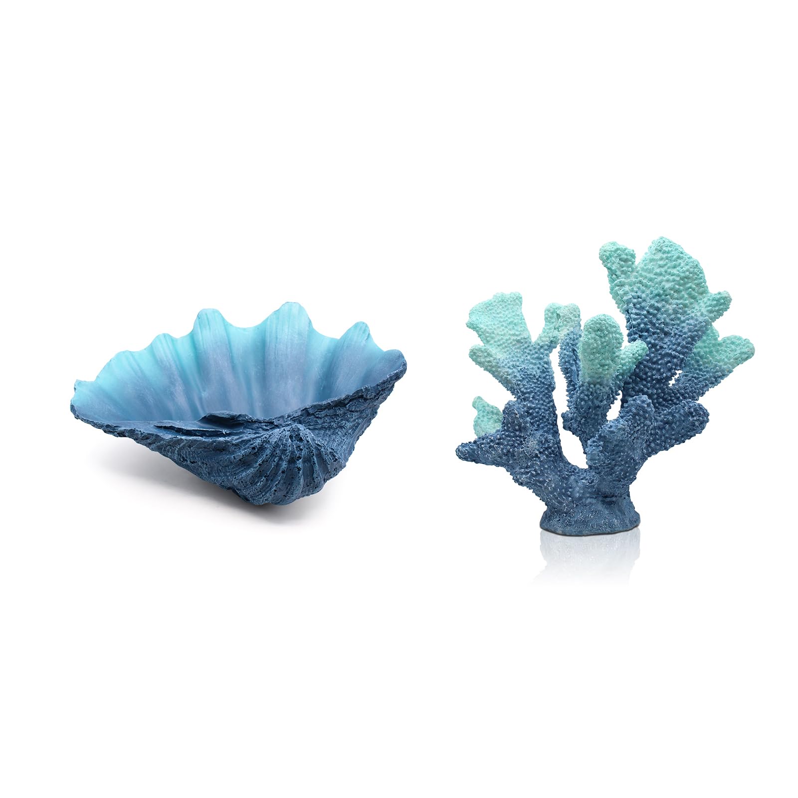 Blue Clam Sea Shell Bowl and Blue Coral Reef Decor Resin Coral Statue for Coastal Beach Nautical Home Decor