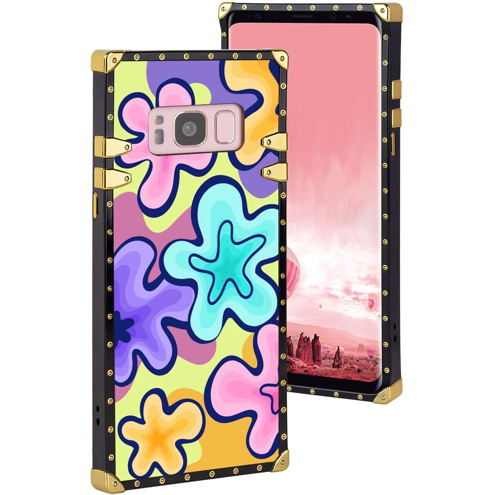 Xioolia Case for Samsung Galaxy S8 with Designer Psychedelic Flower Print Soft TPU Metal Style Reinforced Corner Diamond Shock-Absorbing Protective Metal Style Cover