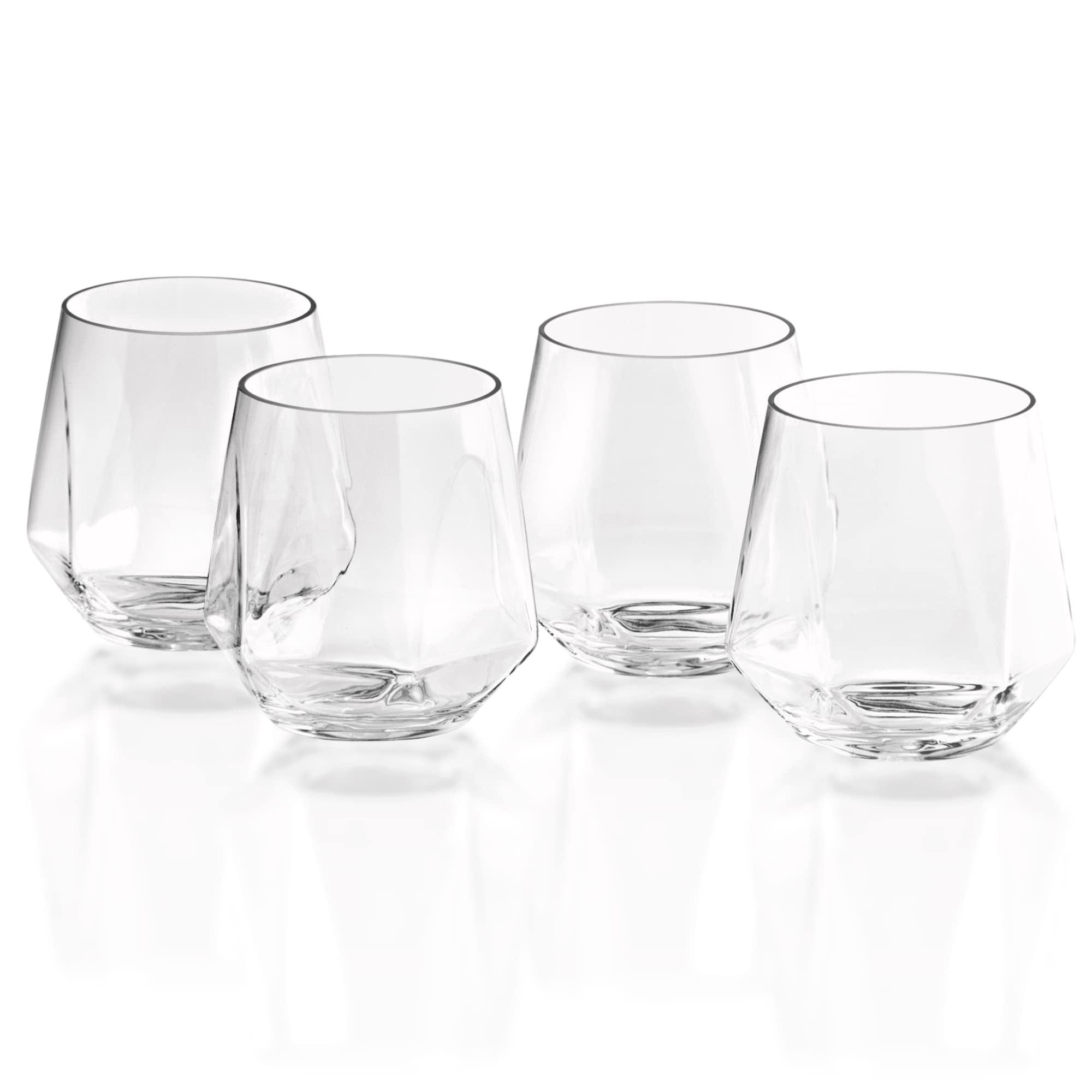 12oz Diamond Unbreakable TRITAN Cup set of 4, Plastic Drinking Glasses, BPA-free Stemless Wine Glass, Dishwasher Safe Tumbler, Made in Taiwan- Whiskey, Cocktail, Pool, Highball, Outdoor