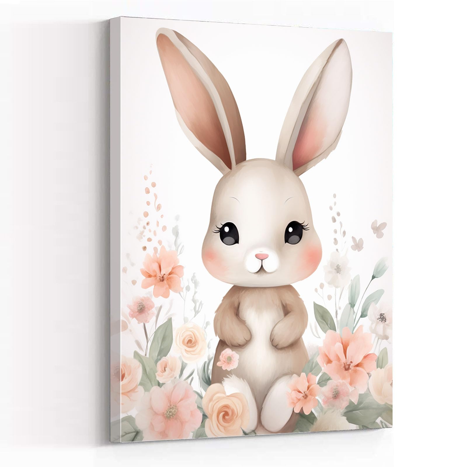 colorful animal pictures,cartoon illustration an image of a floral bunny on a white background,in the style of soft and dreamy tones,8''x12'' Framed Modern Canvas Wall Art