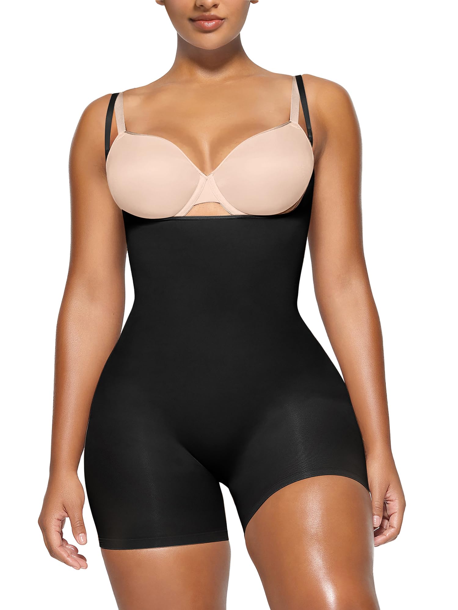 YIANNA Shapewear for Women Tummy Control Bodysuit Open Bust Mid Thigh Seamless Sculpting Body Shaper