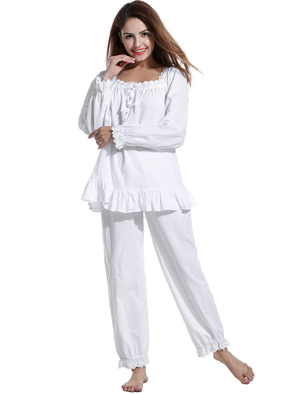 SawekinWomens Pajamas set Cotton Vintage Victorian White Pajama Set Nightgown Sleepwear