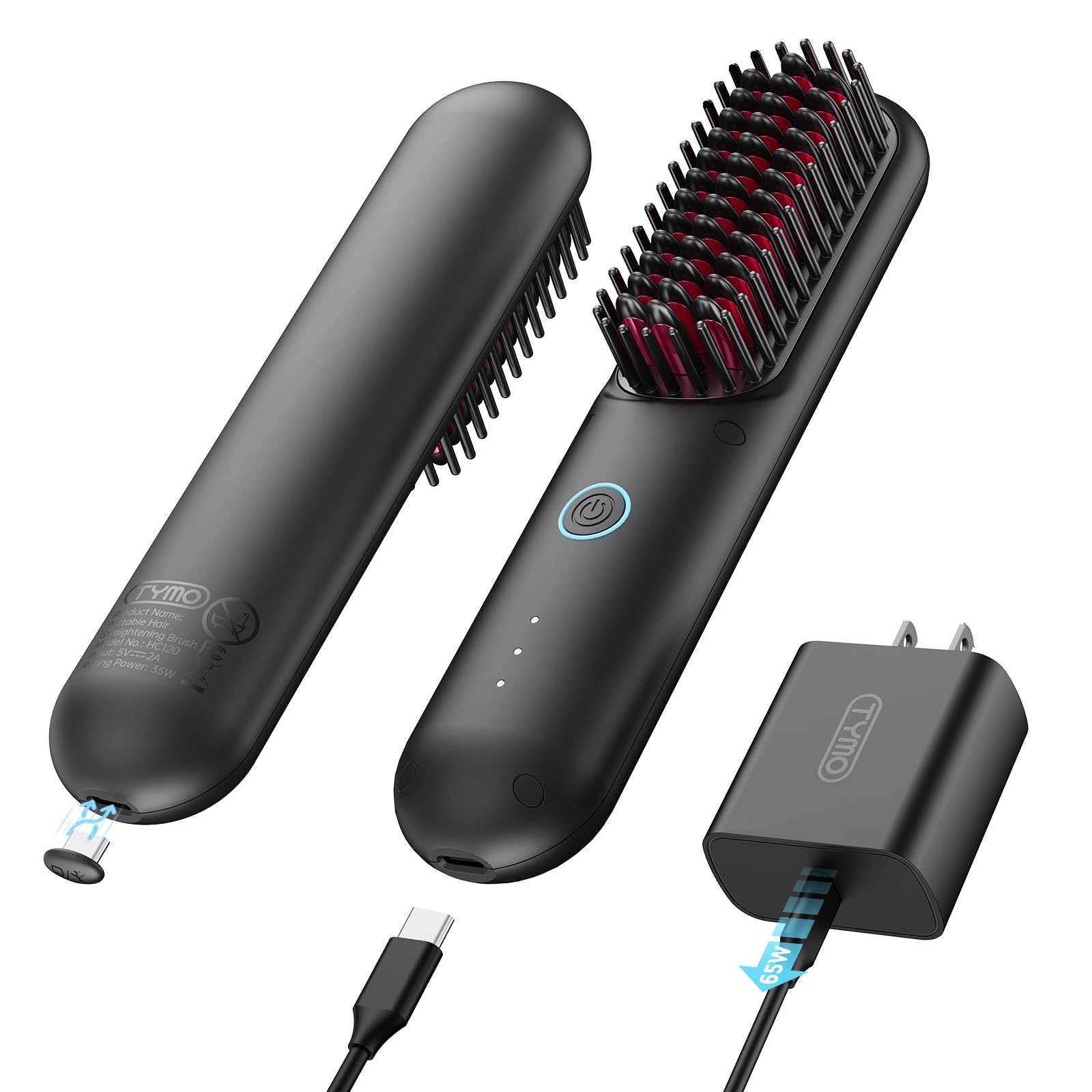 TYMOCordless Hair Straightener Brush - Porta PRO Portable Straightening Brush for Travel, Mini Ionic Hot Comb Straightener for Women, Lightweight on-The-go, Cordless and Fast Charger Dual Power