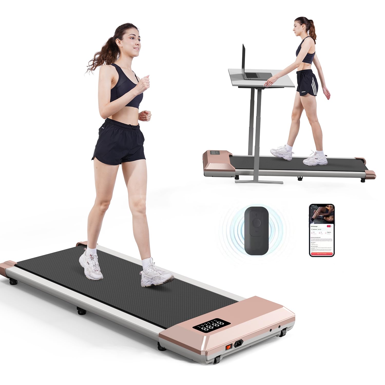 DeerRun Walking Pad, 2024 Upgrade Smart Under Desk Treadmill, 2.5HP Small Quiet Portable Treadmill, Walking Treadmill Under Desk, APP & Remote Control, Knee-Protective, No-Assembly