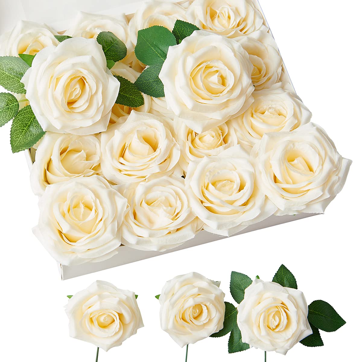 NEVISI Artificial Flowers Fake Rose Silk Rose Ivory 16 Pcs Real Looking Fake Flowers with Stems for DIY Wedding Bouquets Party Tables Centerpieces Floral Arrangements Festival Gift Crafts Decoration