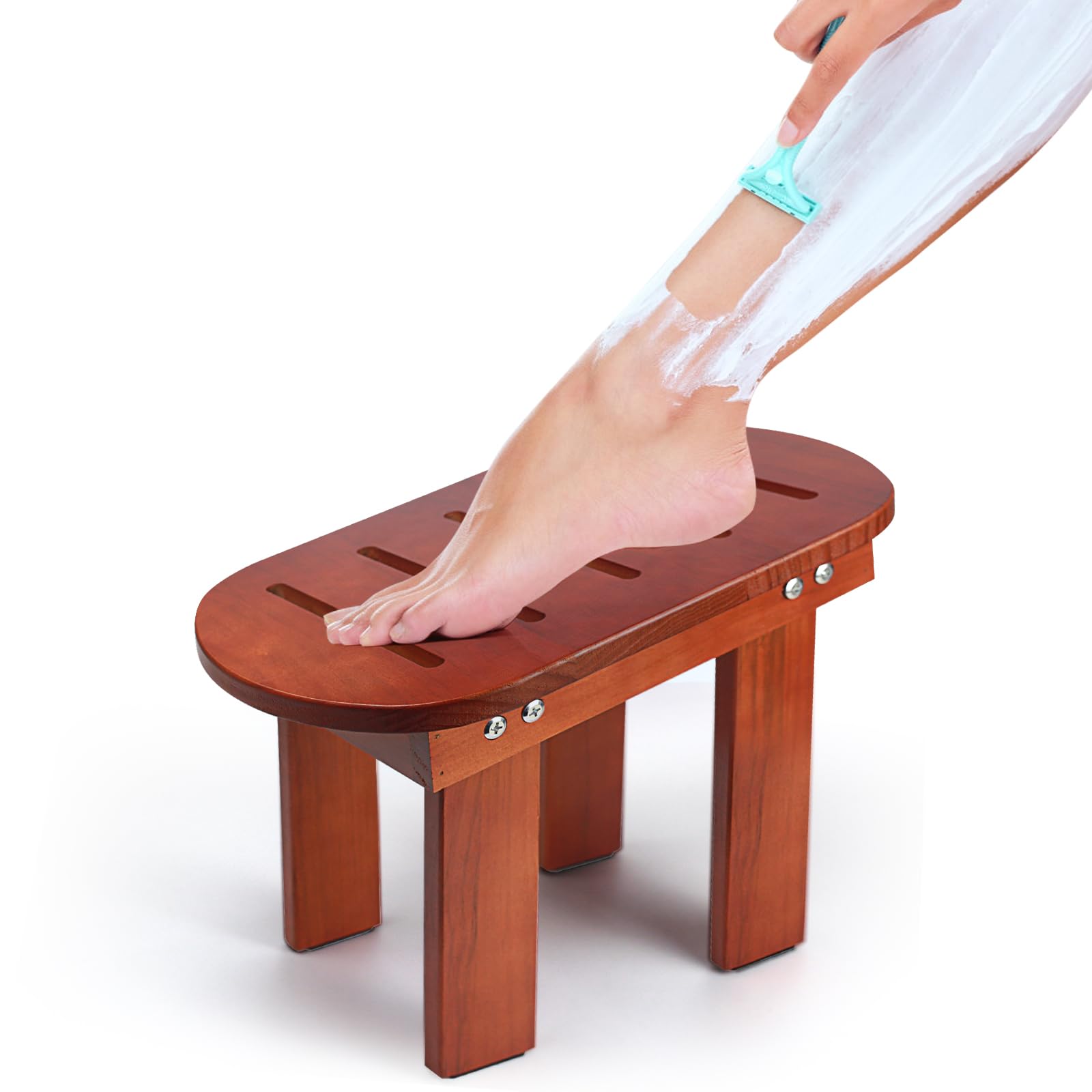 ecoboom Teak Shower Bench with Handle, Corner Shower Stool for Shaving Legs, (Ellipse)