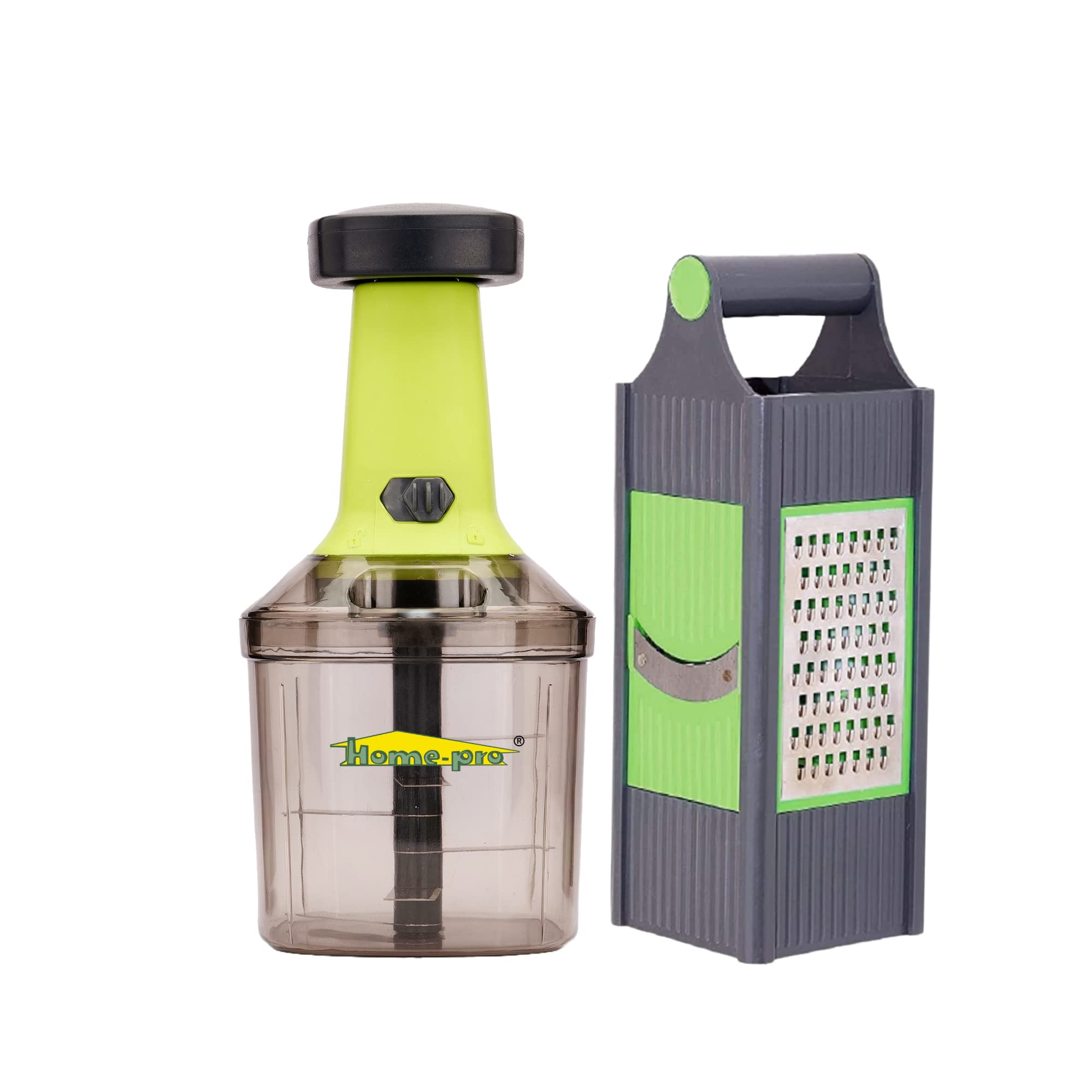 Home-Pro - 4 in 1 Grater & Push Chopper | Vegetable Cutter/Slicer | 1000 ML Hand Chopper | 4 Different Type Blades | Ideal for Cutter/Slicer/Thin Slicer/Shreader - Combo Set