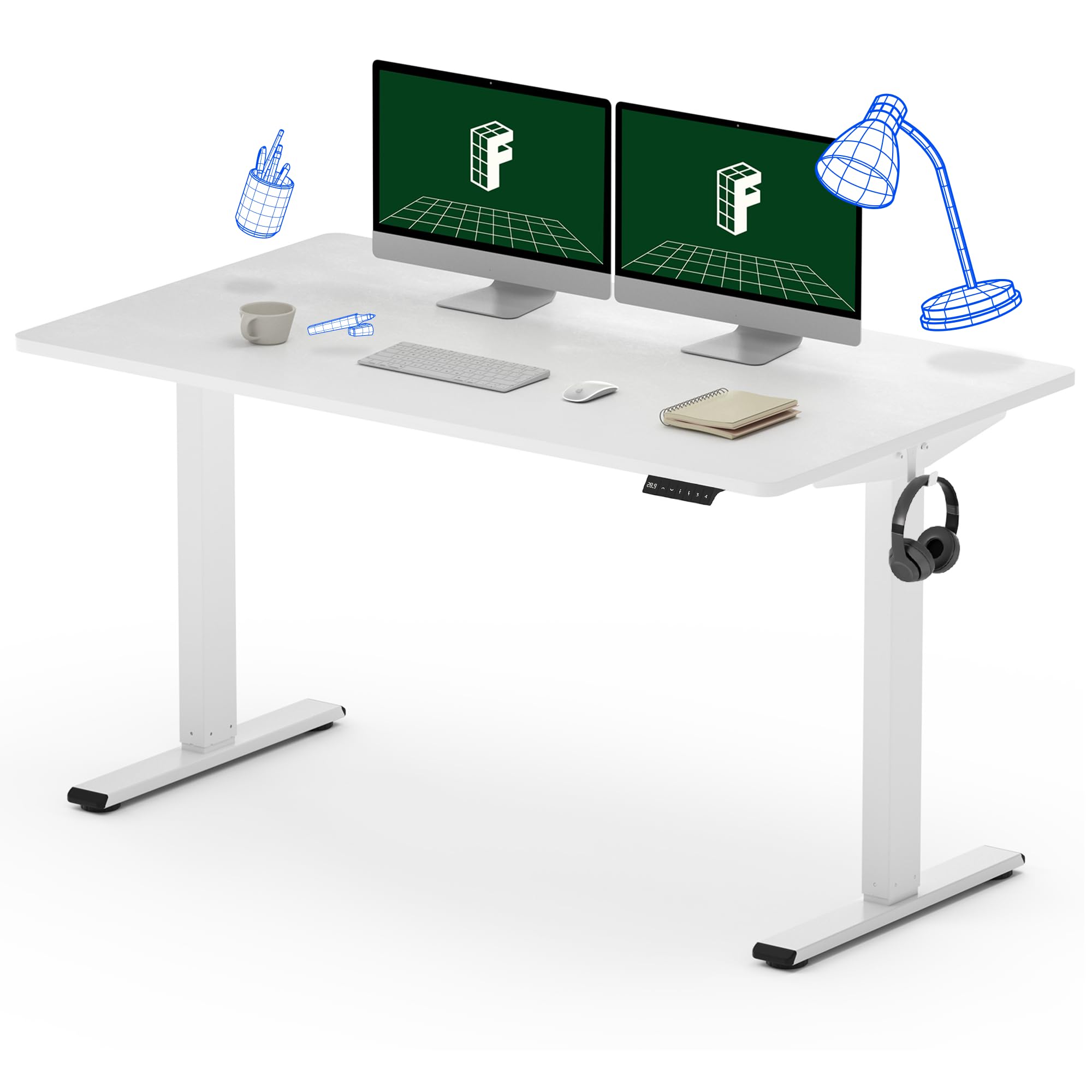 FLEXISPOT EN2 Whole-Piece Standing Desk, 55 x 28 Electric Stand Up Height Adjustable Desk (White Frame + 55" White Top,2 Packages)