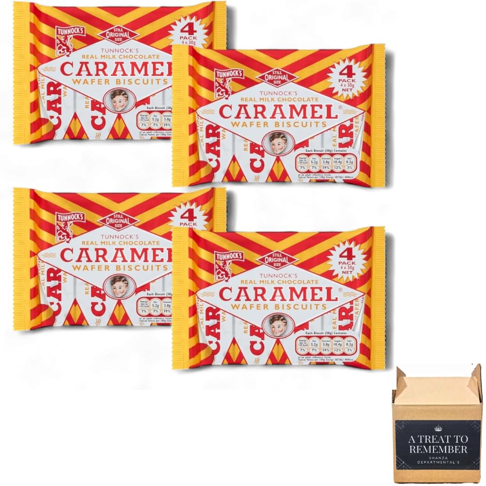 Tunnock's Milk Chocolate Caramel Wafer Biscuits 4 Pack (4 x 30g) – 16 Individually Wrapped Treats, Irresistible Wafer & Caramel Delight, Vegetarian-Friendly